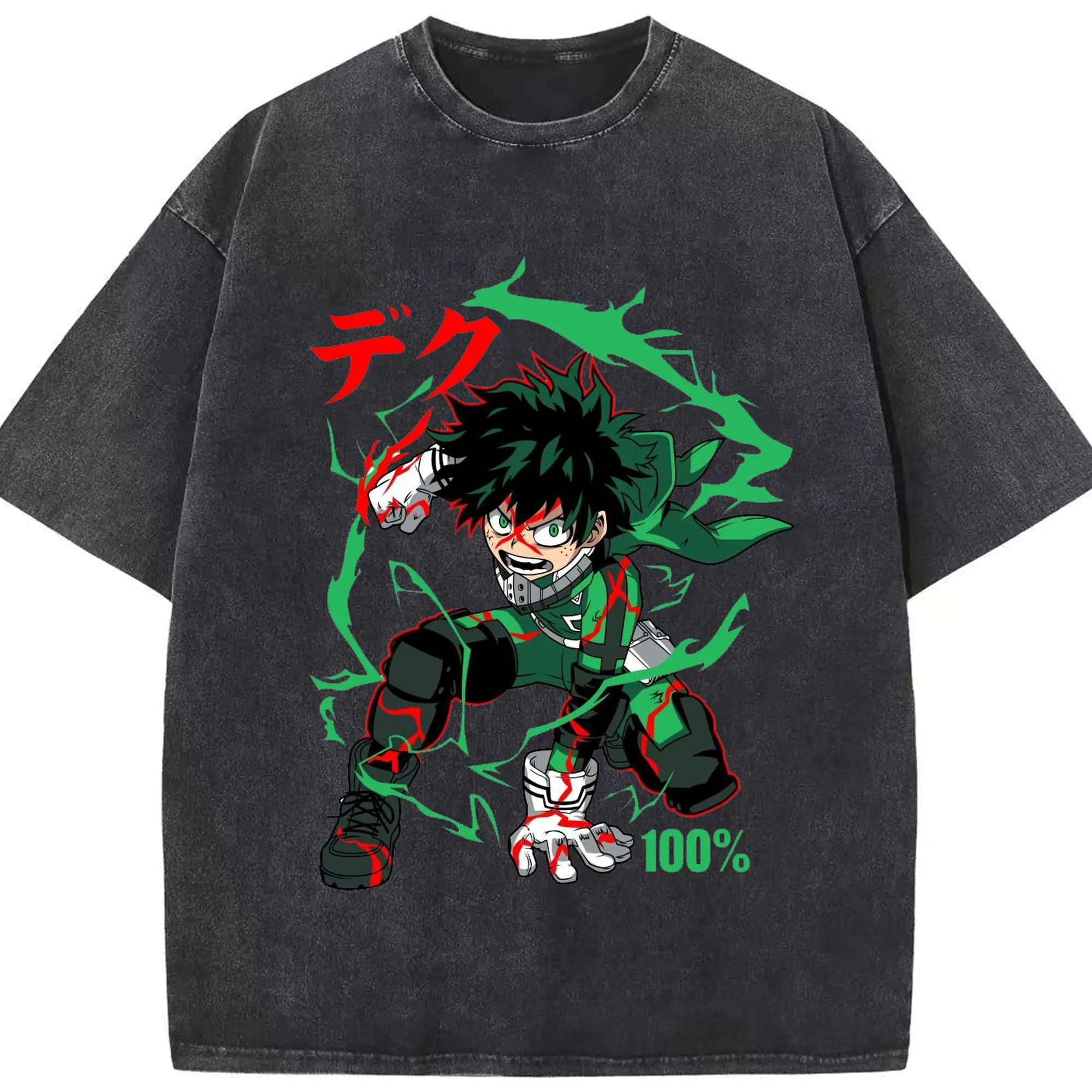 僕のヒーローアカデミア 緑谷 出久 激闘シーン - 綿100％ ヴィンテージ風 半袖Tシャツ ・ フロントプリント ・ 柔らか肌触り ・ 通気性 快適 ・ スポーツ カジュアル 外出用