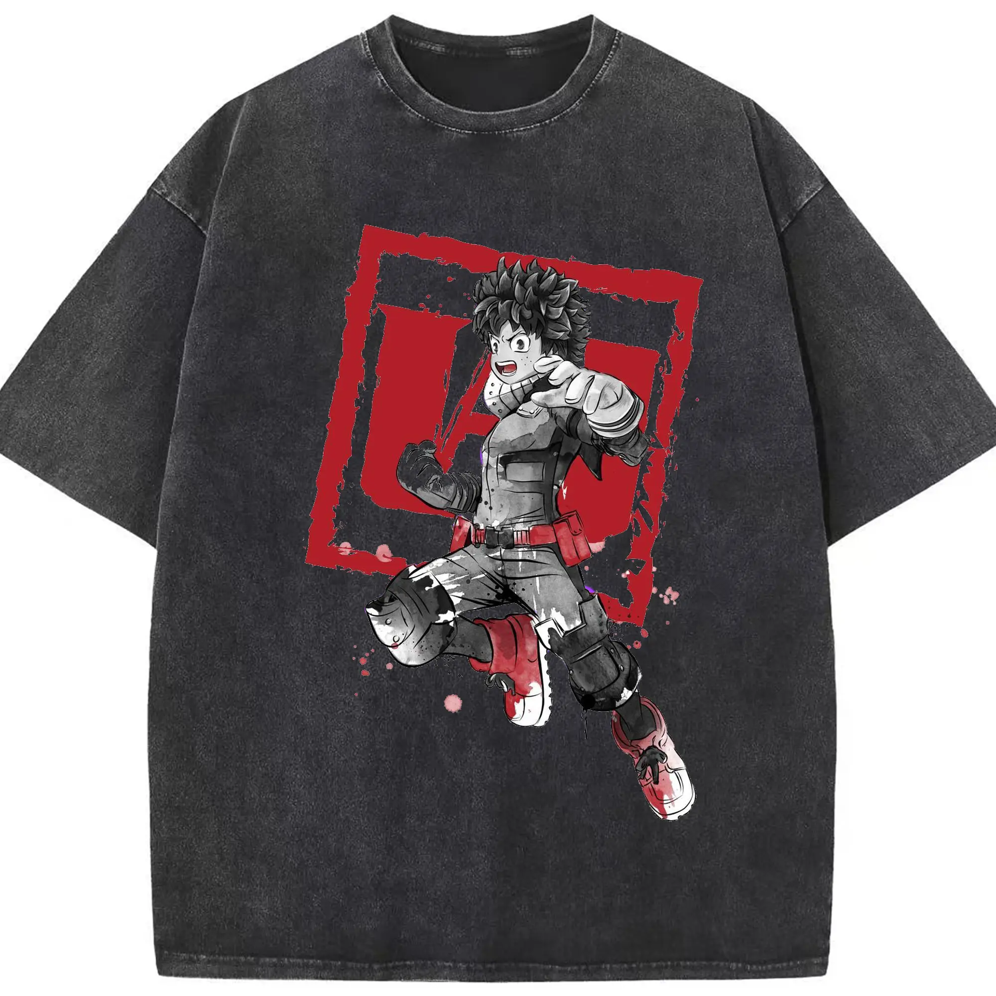 僕のヒーローアカデミア 緑谷 出久 - 綿100％ ヴィンテージ風 半袖Tシャツ ・ フロントプリント ・ 柔らか肌触り ・ 通気性 快適 ・ スポーツ カジュアル 外出用
