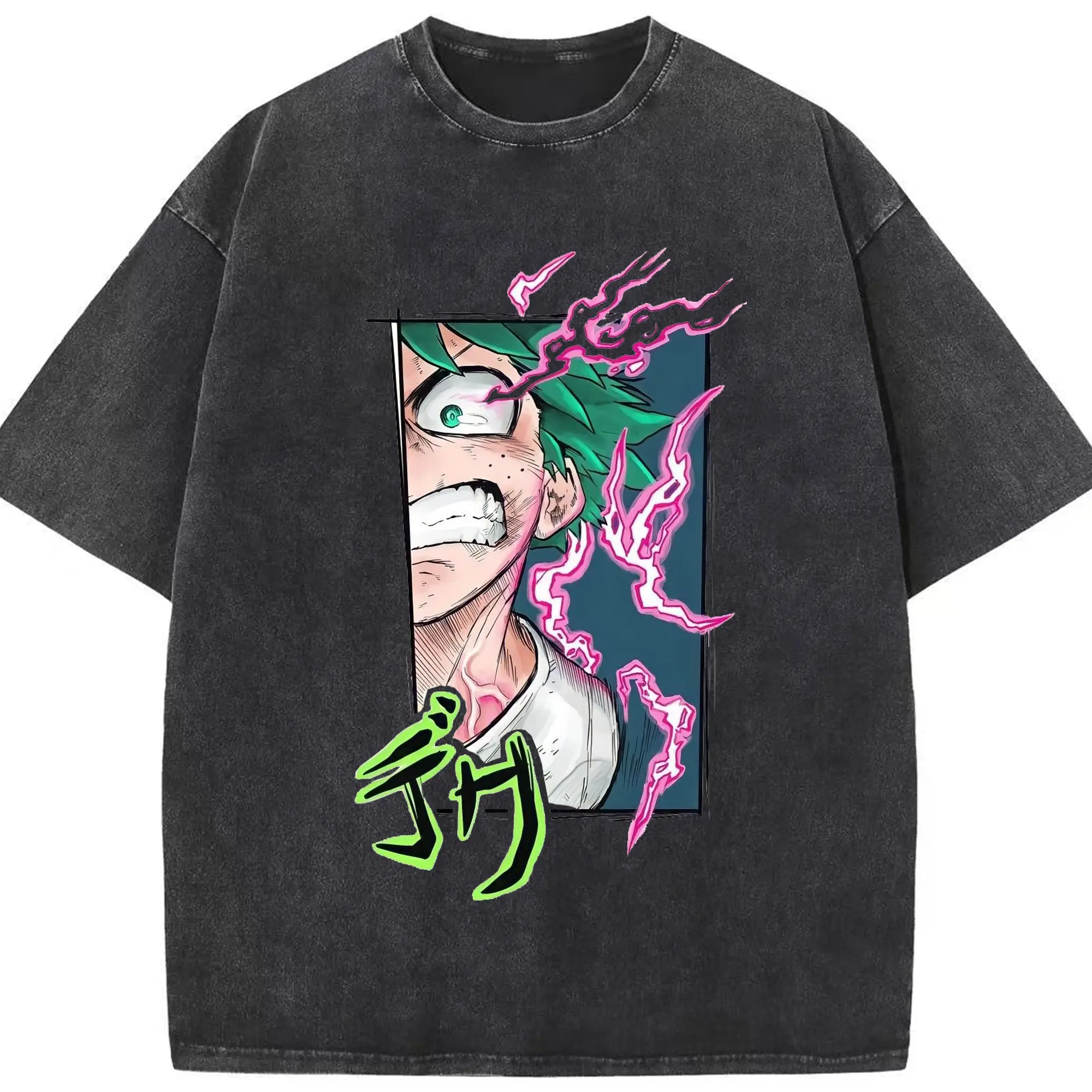 僕のヒーローアカデミア 緑谷 出久 - 綿100％ ヴィンテージ風 半袖Tシャツ ・ フロントプリント ・ 柔らか肌触り ・ 通気性 快適 ・ スポーツ カジュアル 外出用