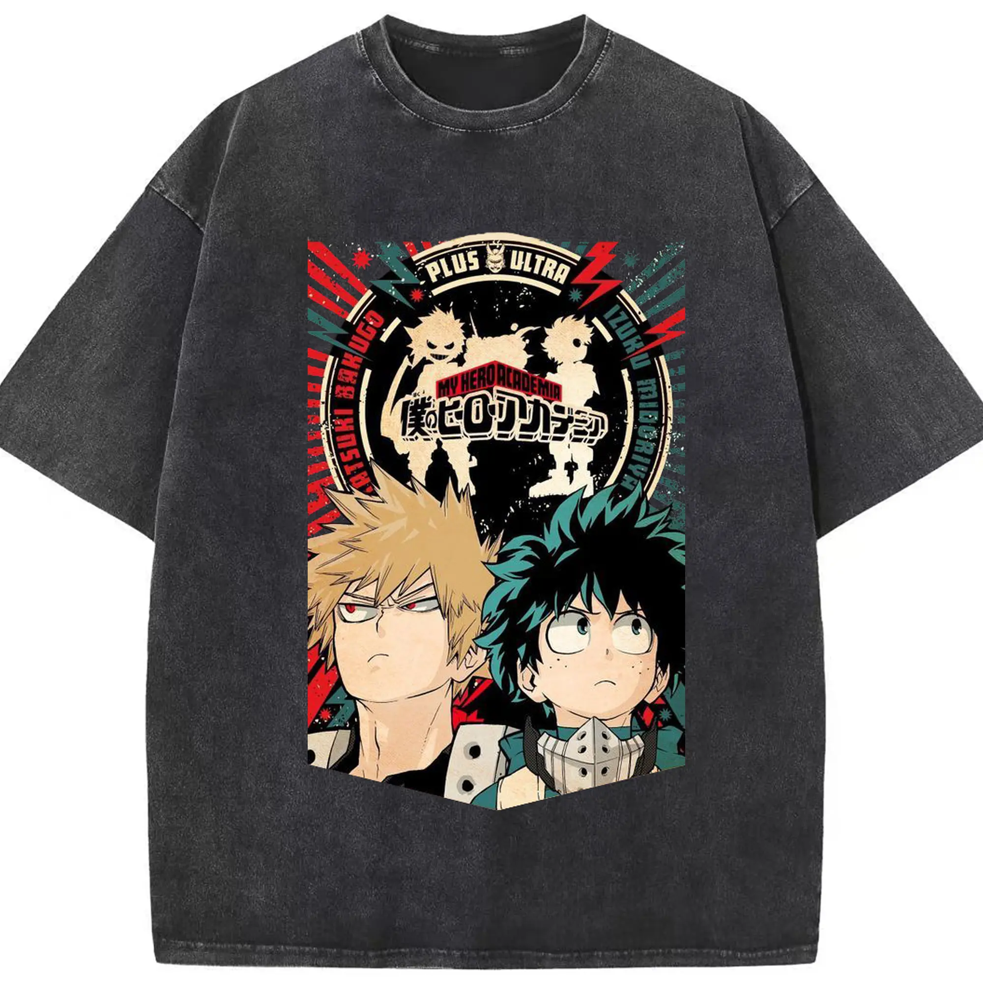 僕のヒーローアカデミア ヒロアカ デクと爆豪友情 - 綿100％ ヴィンテージ風 半袖Tシャツ ・ フロントプリント ・ 柔らか肌触り ・ 通気性 快適 ・ スポーツ カジュアル 外出用