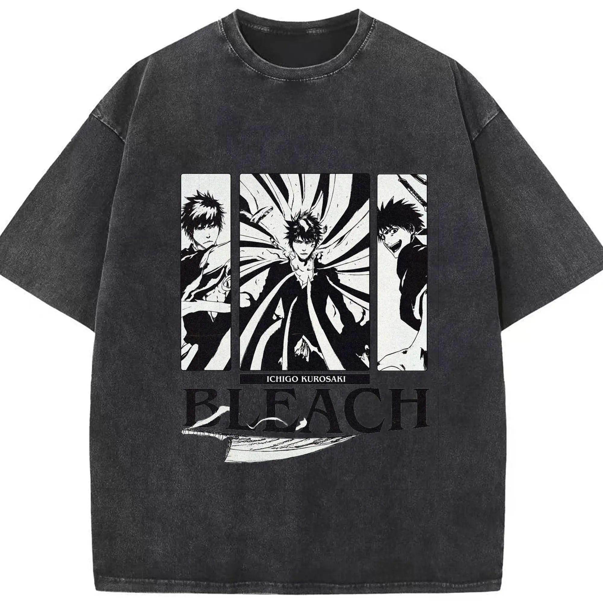 ブリーチ黒崎一護 斬魄刀 - 綿100％ ヴィンテージ風 半袖Tシャツ ・ フロントプリント ・ 柔らか肌触り ・ 通気性 快適 ・ スポーツ カジュアル 外出用