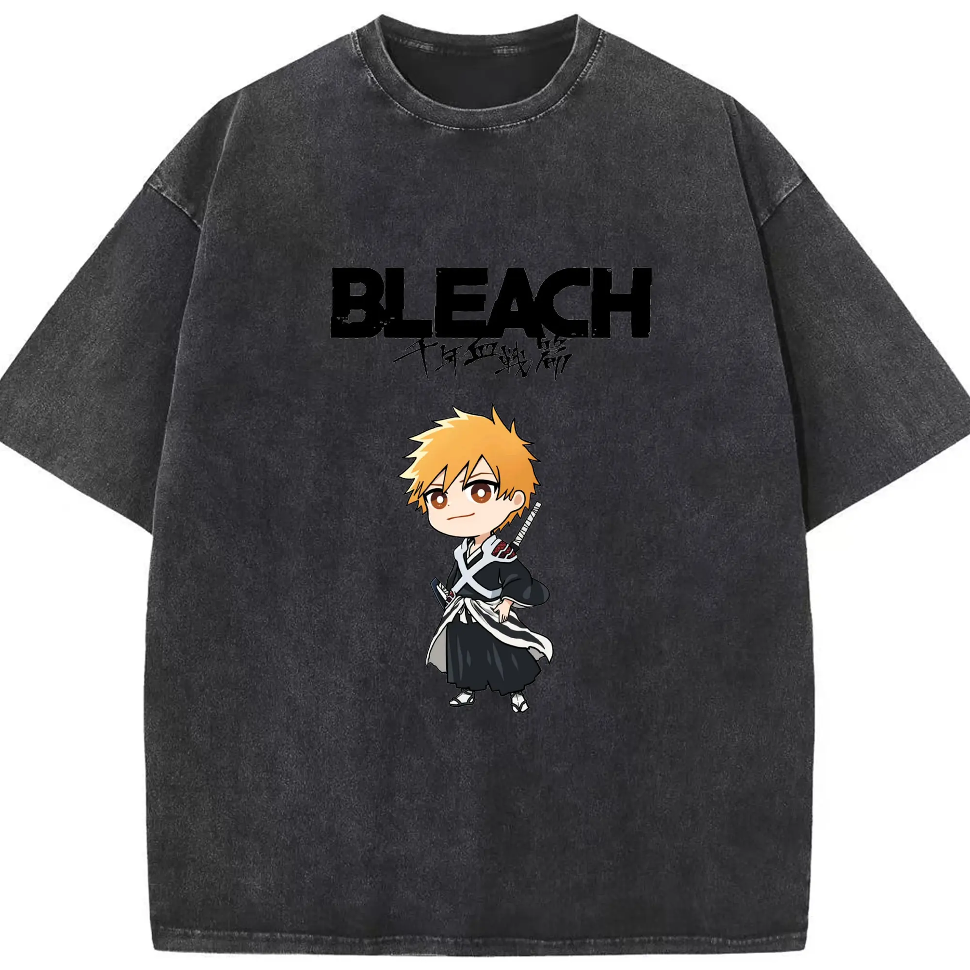 ブリーチ  デフォルト 黒崎一護 - 綿100％ ヴィンテージ風 半袖Tシャツ ・ フロントプリント ・ 柔らか肌触り ・ 通気性 快適 ・ スポーツ カジュアル 外出用