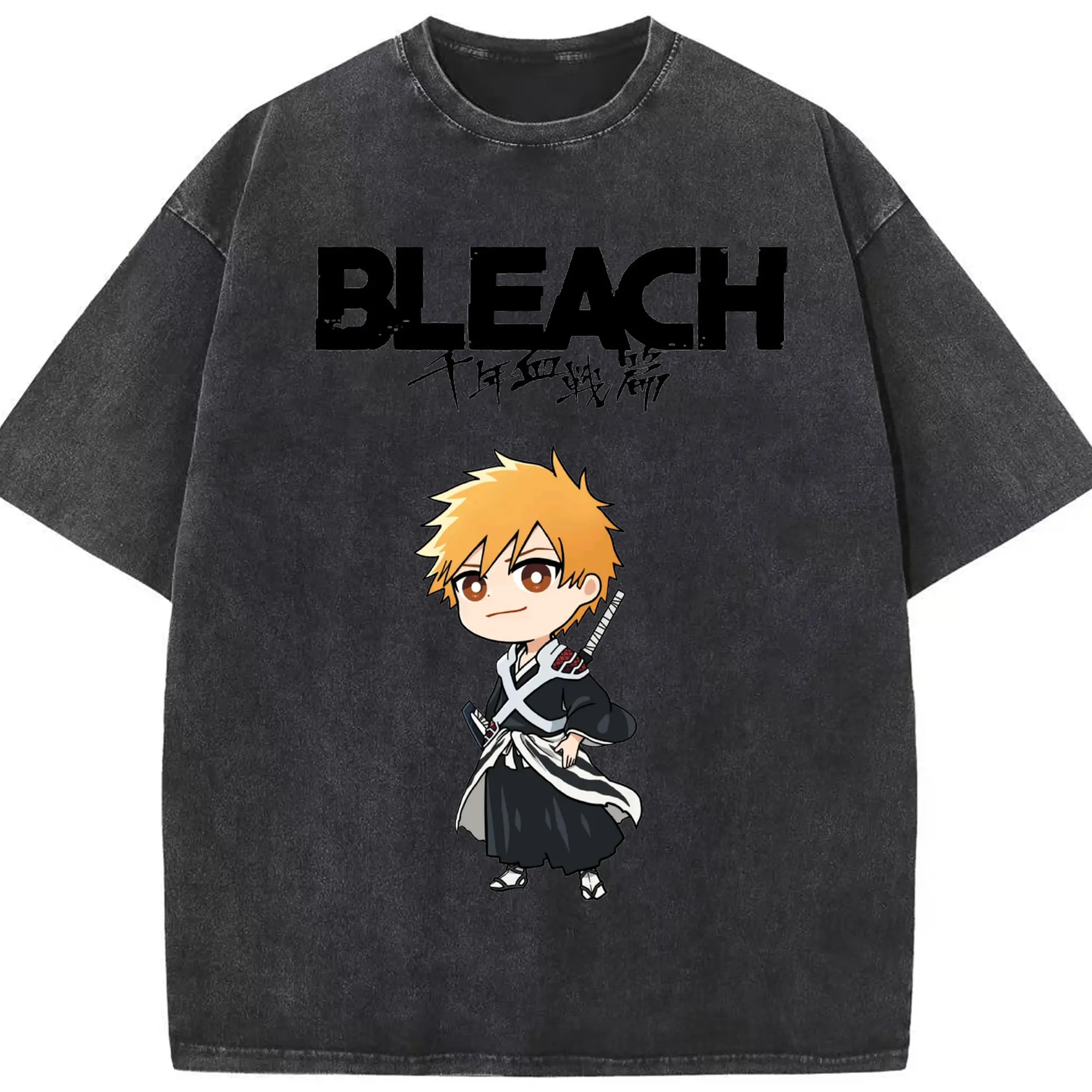 ブリーチ  デフォルト 黒崎一護 - 綿100％ ヴィンテージ風 半袖Tシャツ ・ フロントプリント ・ 柔らか肌触り ・ 通気性 快適 ・ スポーツ カジュアル 外出用