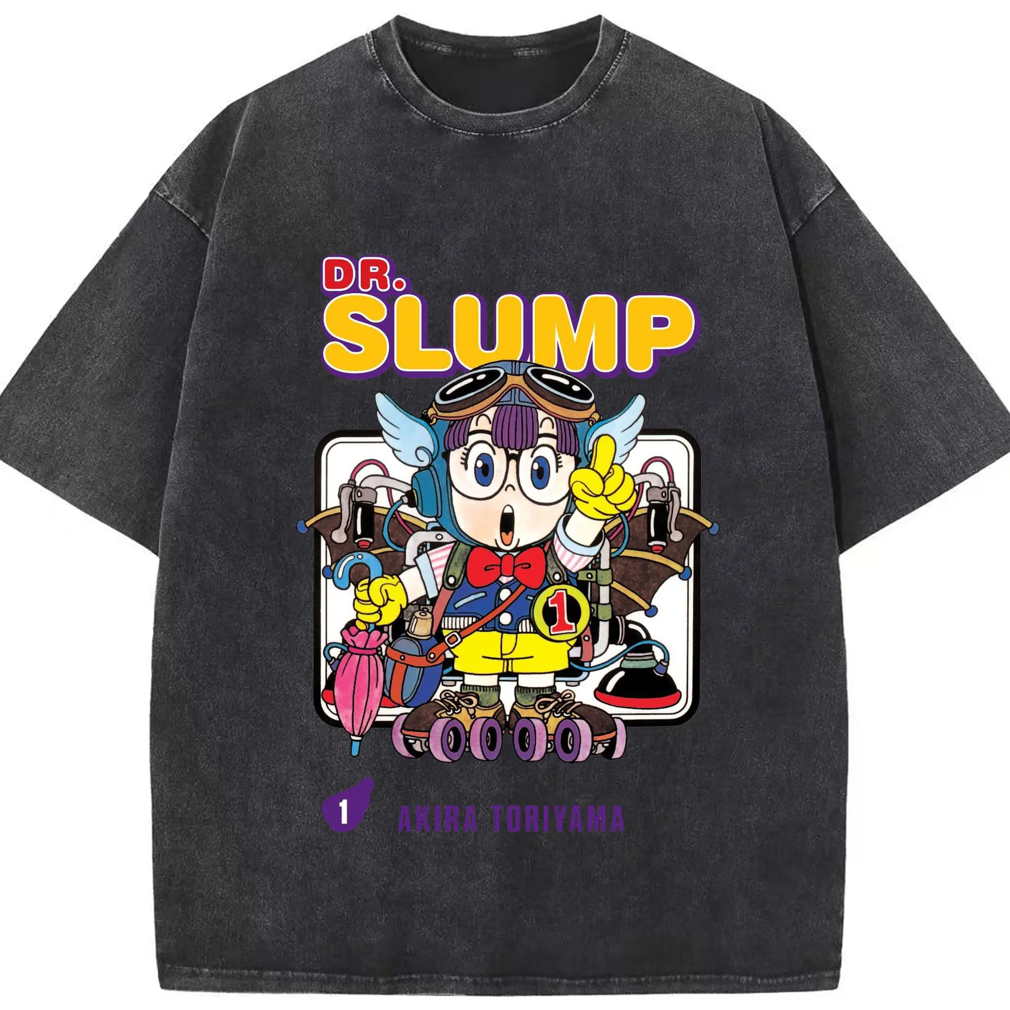 Dr.スランプ アラレちゃん 鳥山明 マンガ風 - 綿100％ ヴィンテージ風 半袖Tシャツ ・ フロントプリント ・ 柔らか肌触り ・ 通気性 快適 ・ スポーツ カジュアル 外出用