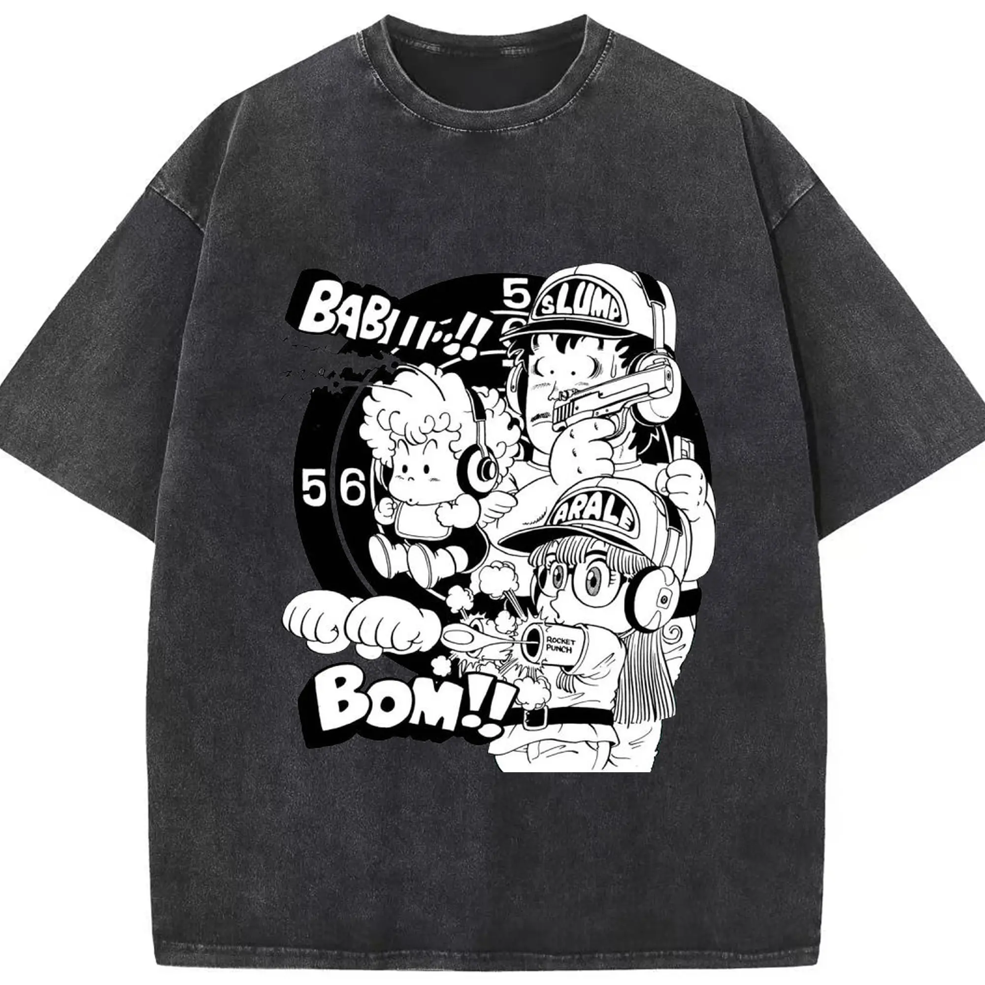 Dr.スランプ アラレちゃん モノクロ風 - 綿100％ ヴィンテージ風 半袖Tシャツ ・ フロントプリント ・ 柔らか肌触り ・ 通気性 快適 ・ スポーツ カジュアル 外出用