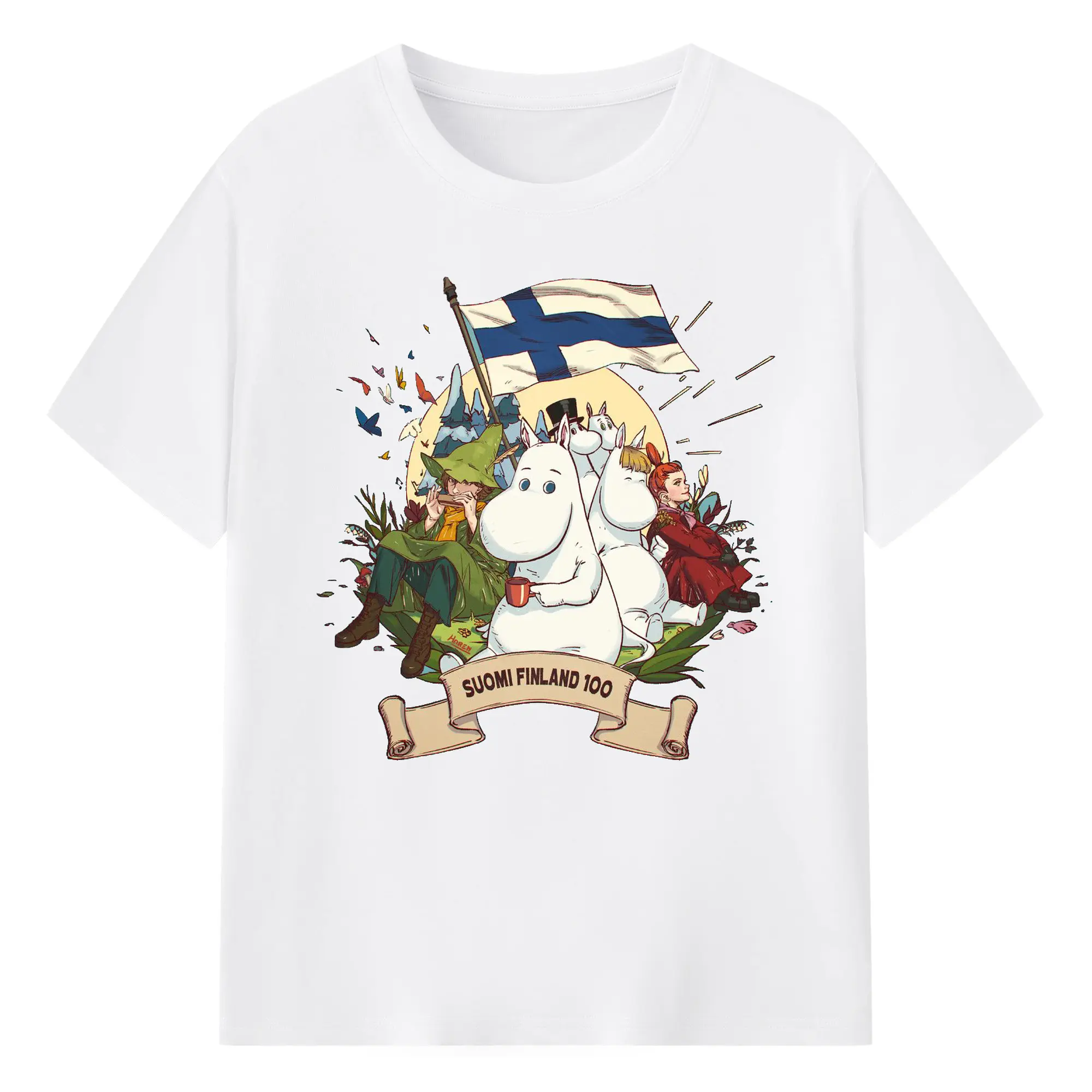 Moomin トーベ・ヤンソン フィンランド絵本 - 綿100％ 半袖Tシャツ ・ フロントプリント ・ 快適 通気性 ・ 日常使い 散歩 スポーツ用