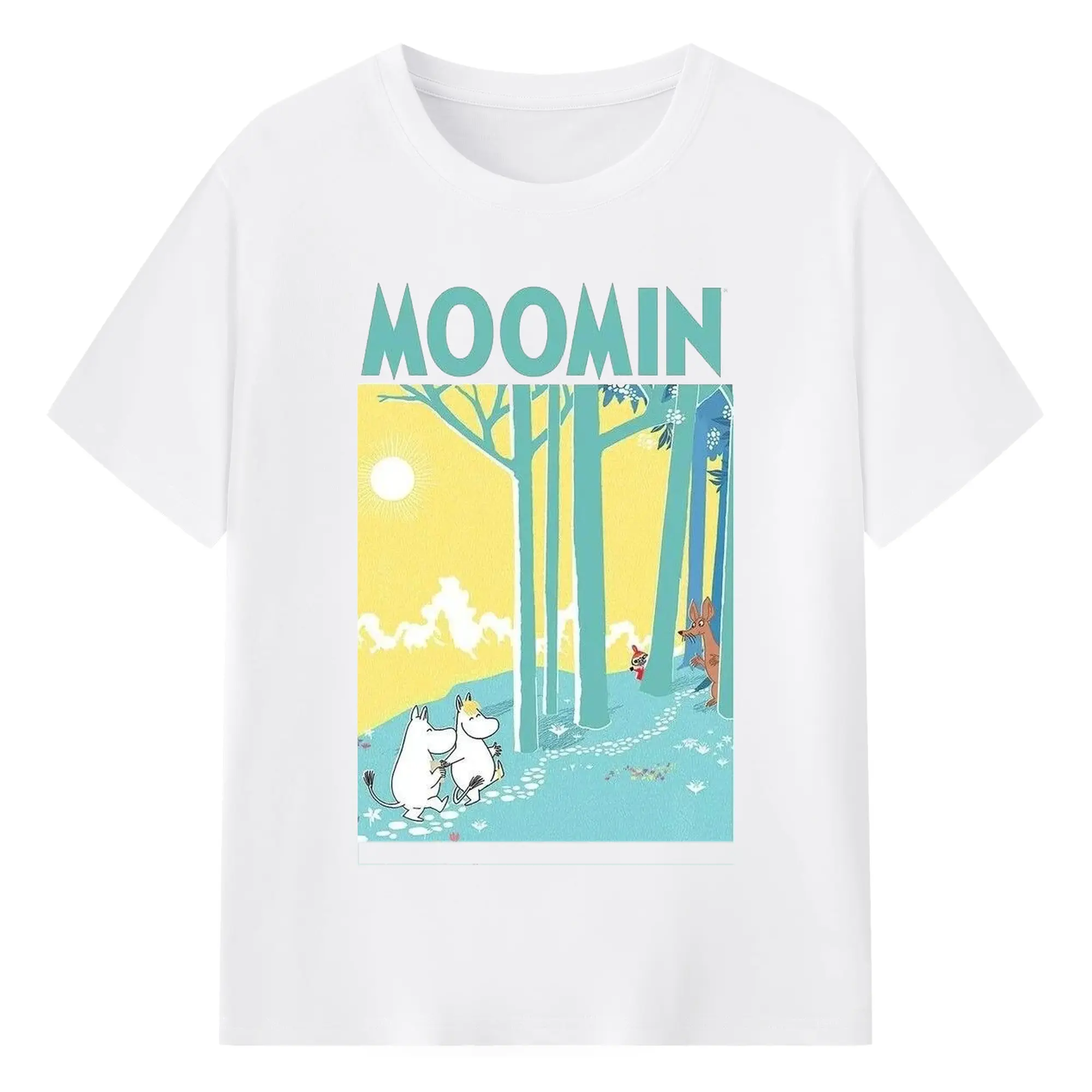 Moomin フィンランド絵本 森の中へ - 綿100％ 半袖Tシャツ ・ フロントプリント ・ 快適 通気性 ・ 日常使い 散歩 スポーツ用