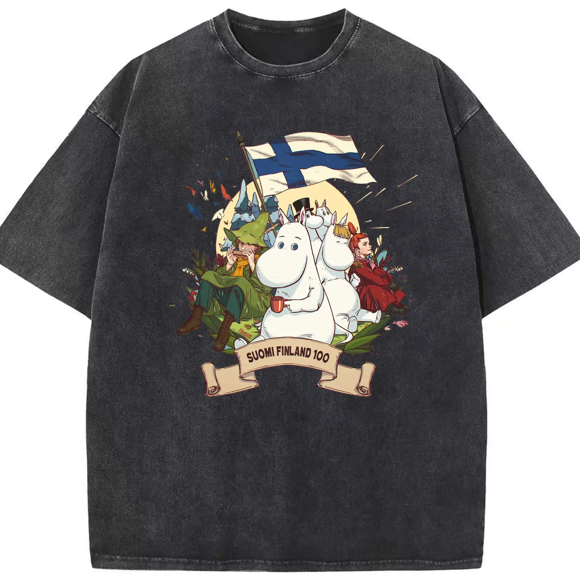 Moomin トーベ・ヤンソン フィンランド絵本 - 綿100％ ヴィンテージ風 半袖Tシャツ ・ フロントプリント ・ 柔らか肌触り ・ 通気性 快適 ・ スポーツ カジュアル 外出用