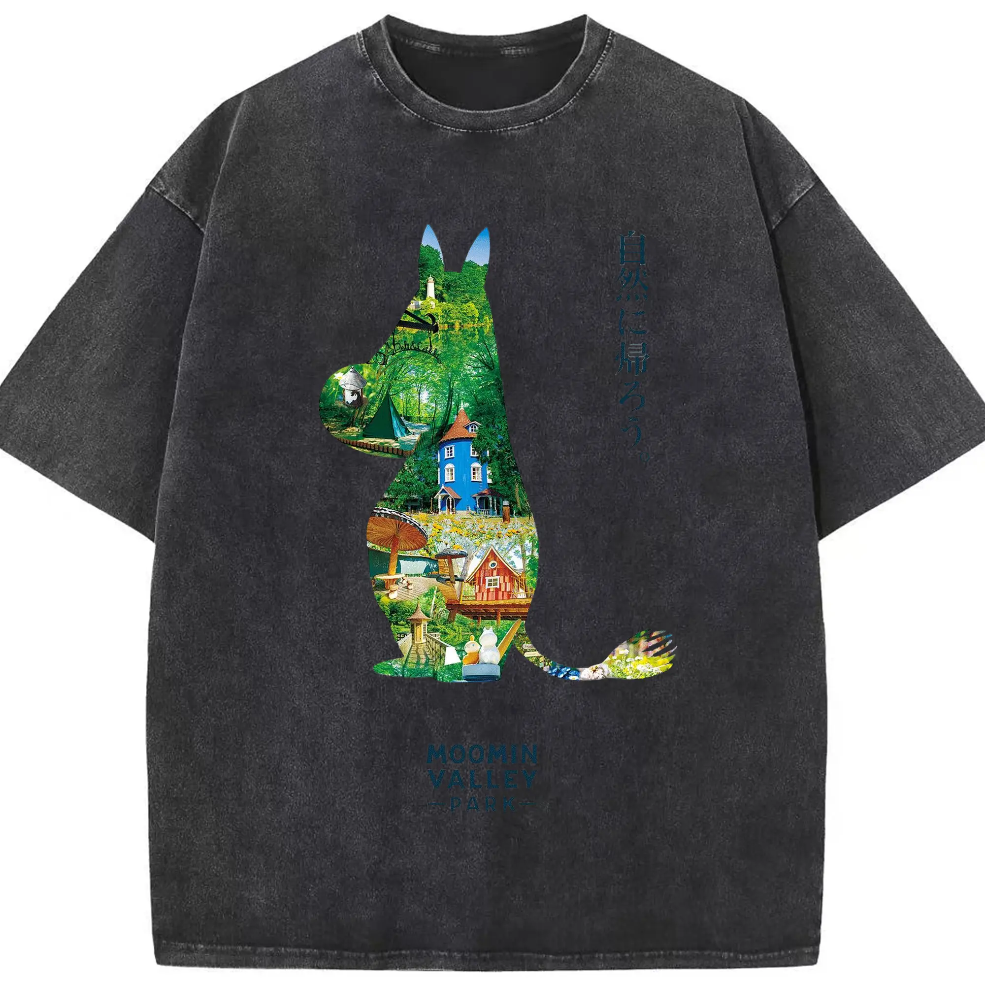 ムーミン谷 - 綿100％ ヴィンテージ風 半袖Tシャツ ・ フロントプリント ・ 柔らか肌触り ・ 通気性 快適 ・ スポーツ カジュアル 外出用