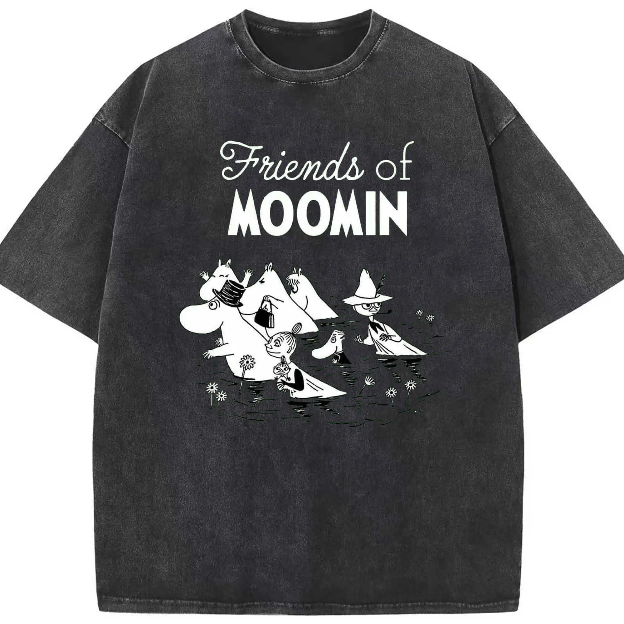 Moomin フィンランド絵本 お出かけ先でも、ムーミンたちといっしょ - 綿100％ ヴィンテージ風 半袖Tシャツ ・ フロントプリント ・ 柔らか肌触り ・ 通気性 快適 ・ スポーツ カジュアル 外出用