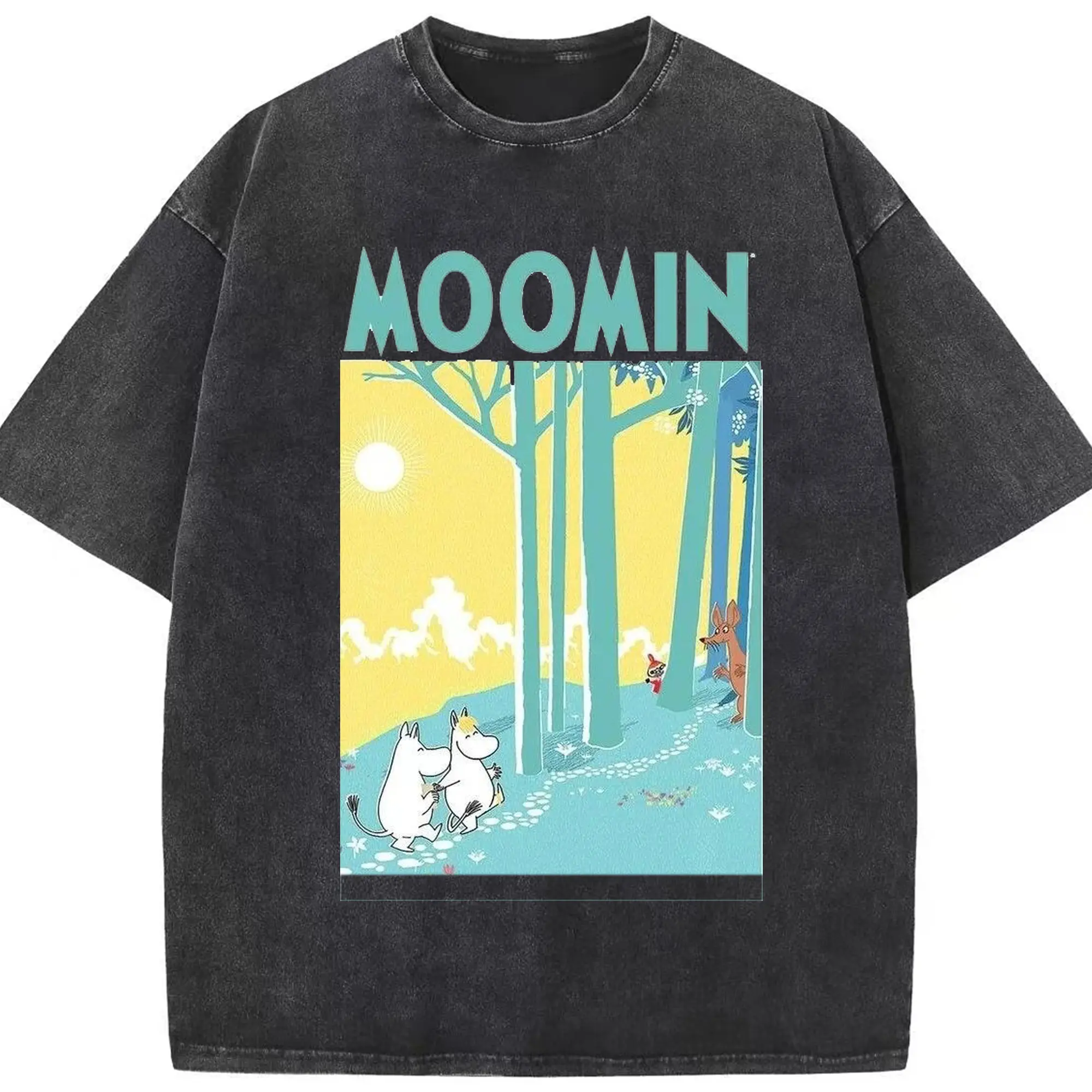 Moomin フィンランド絵本 森の中へ - 綿100％ ヴィンテージ風 半袖Tシャツ ・ フロントプリント ・ 柔らか肌触り ・ 通気性 快適 ・ スポーツ カジュアル 外出用
