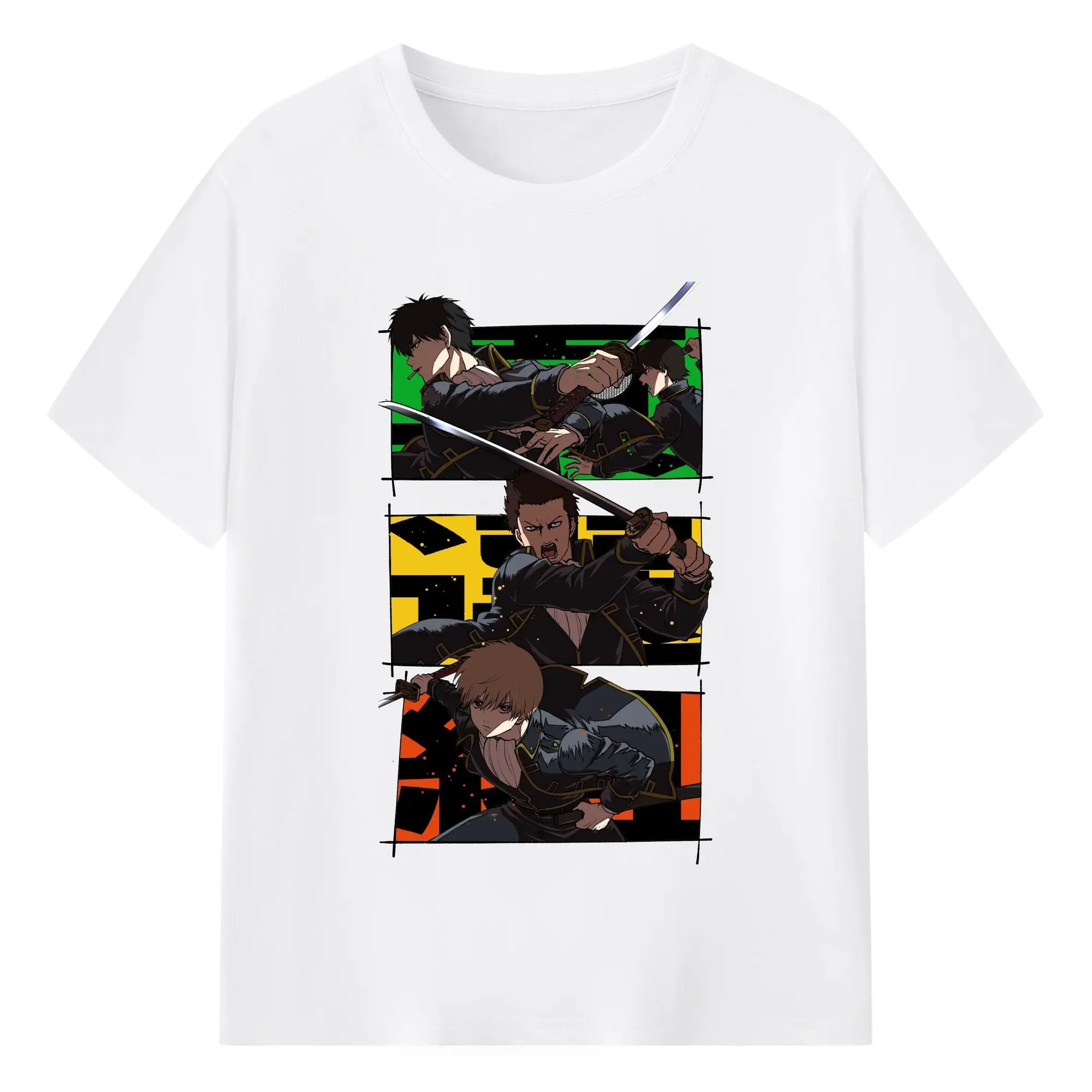 银魂 クールな真選組剣士 - 綿100％ 半袖Tシャツ ・ フロントプリント ・ 快適 通気性 ・ 日常使い 散歩 スポーツ用