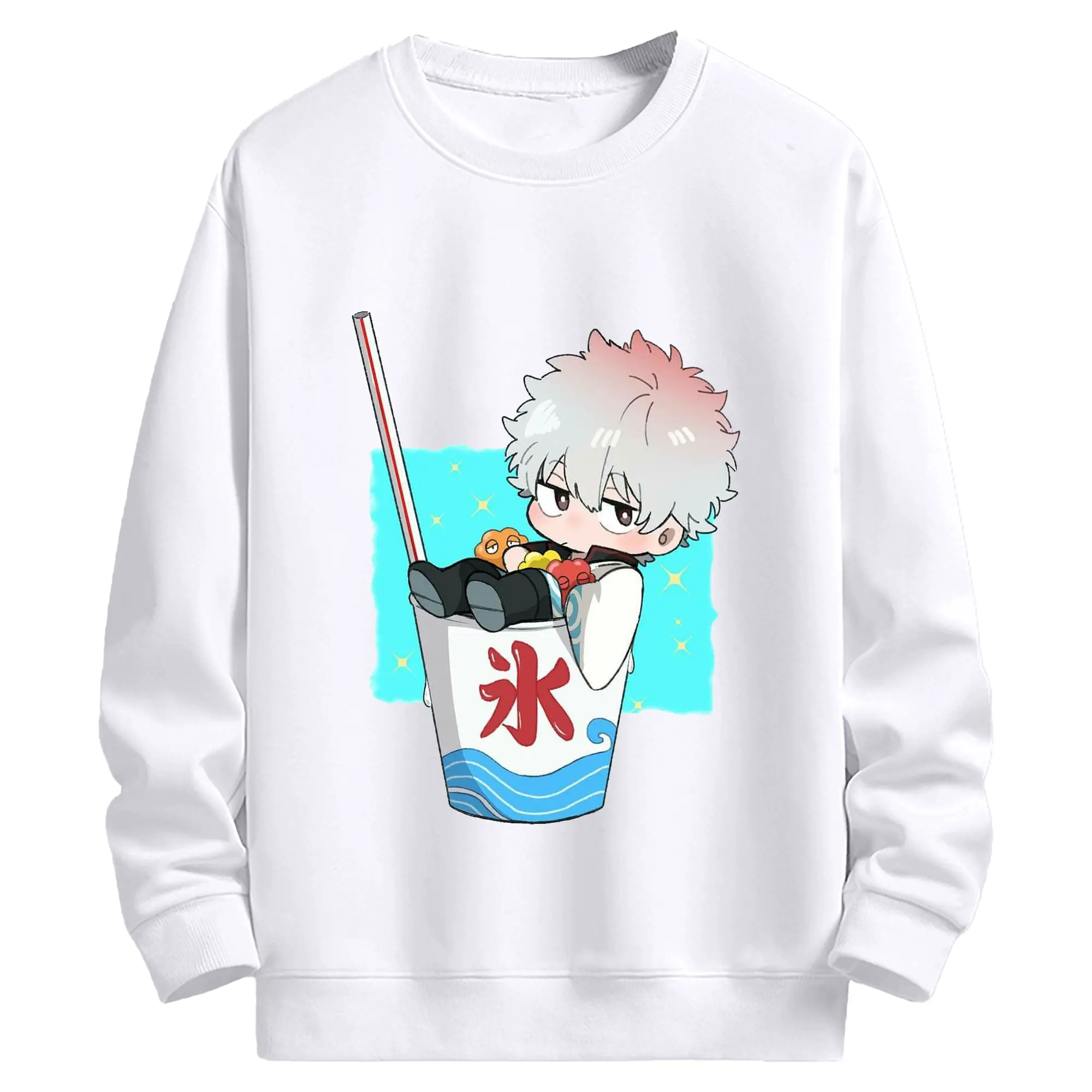 银魂 銀時と夏の冷たいドリンク - 高品質 クルーネック スウェット ・ コットン59％ ポリエステル41％ ・ ユニセックス 長袖 トレーナー ・ カジュアル デイリー スポーツ 散歩用