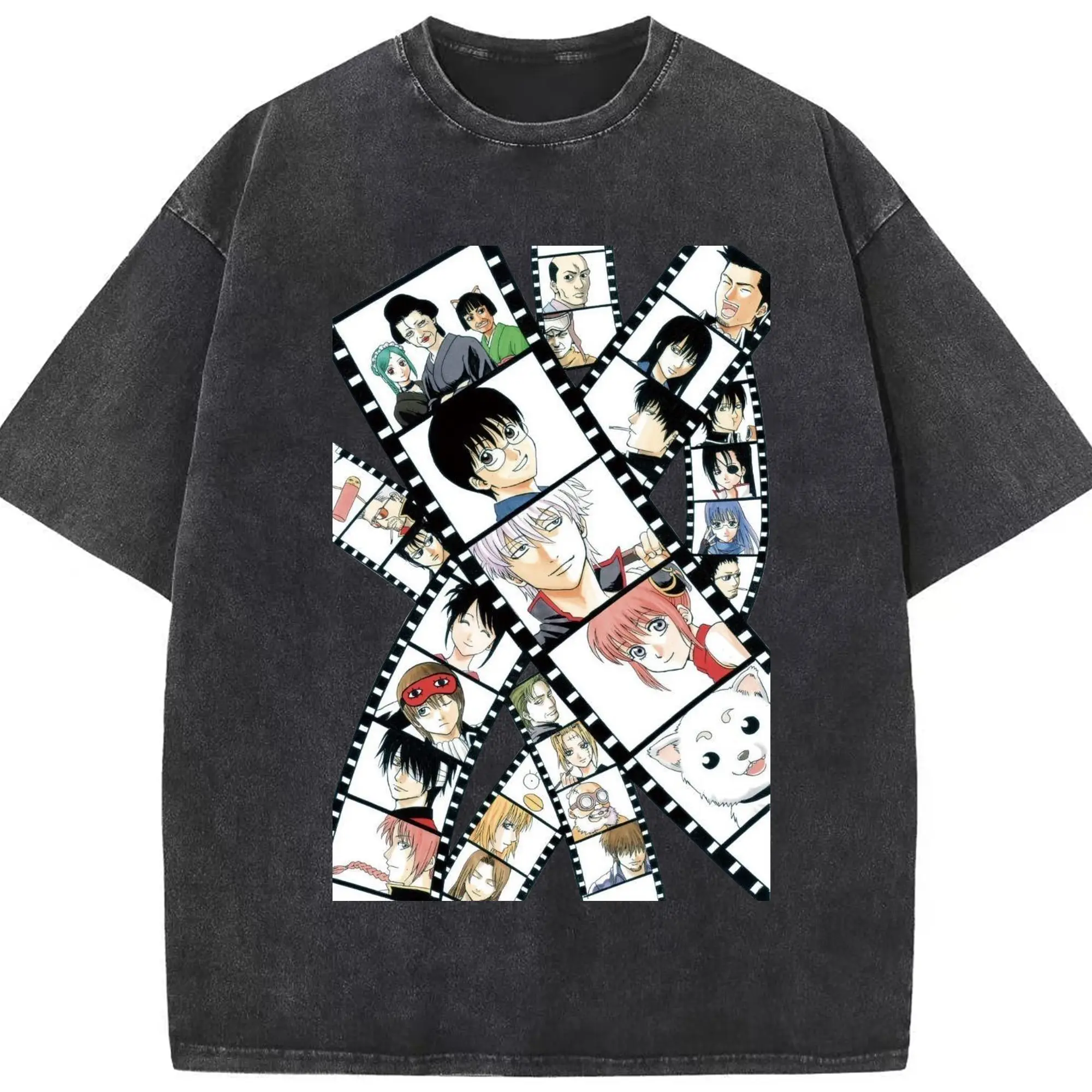 銀魂 記憶キャラクターをフィルムに残す - 綿100％ ヴィンテージ風 半袖Tシャツ ・ フロントプリント ・ 柔らか肌触り ・ 通気性 快適 ・ スポーツ カジュアル 外出用