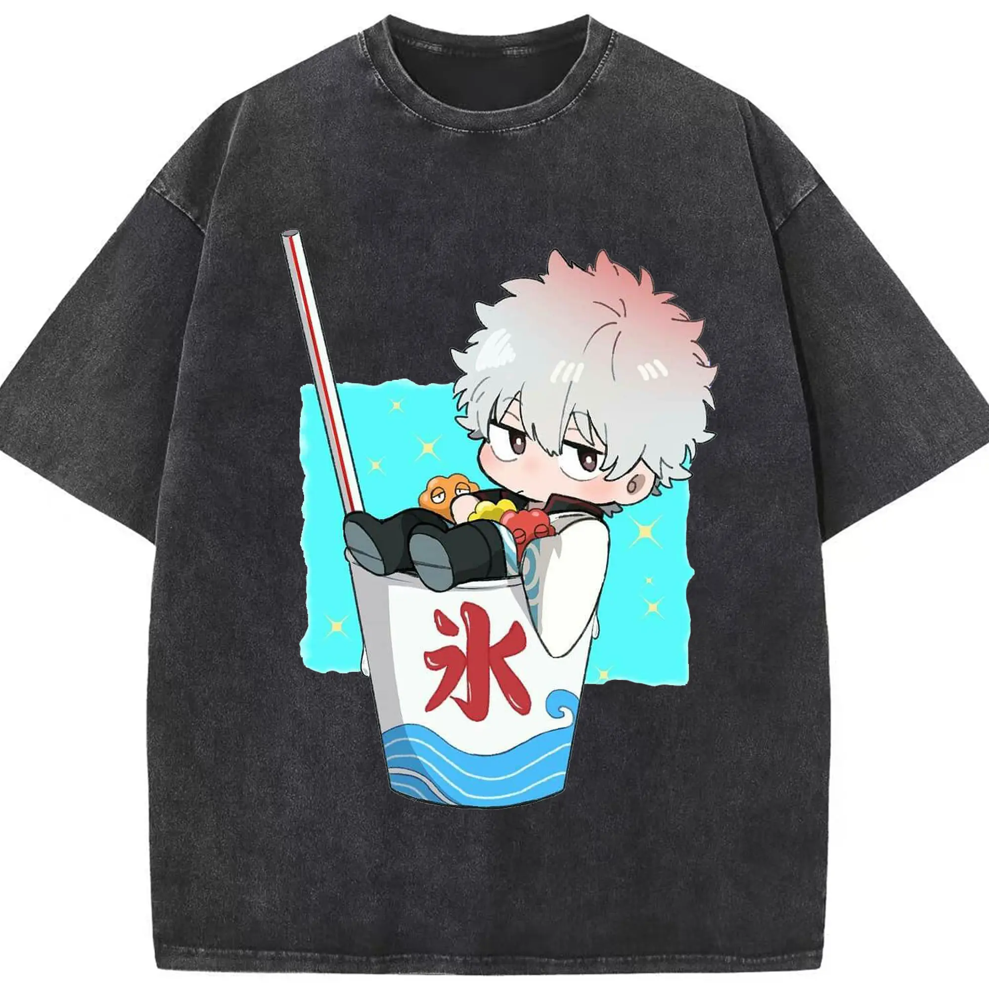 银魂 銀時と夏の冷たいドリンク - 綿100％ ヴィンテージ風 半袖Tシャツ ・ フロントプリント ・ 柔らか肌触り ・ 通気性 快適 ・ スポーツ カジュアル 外出用