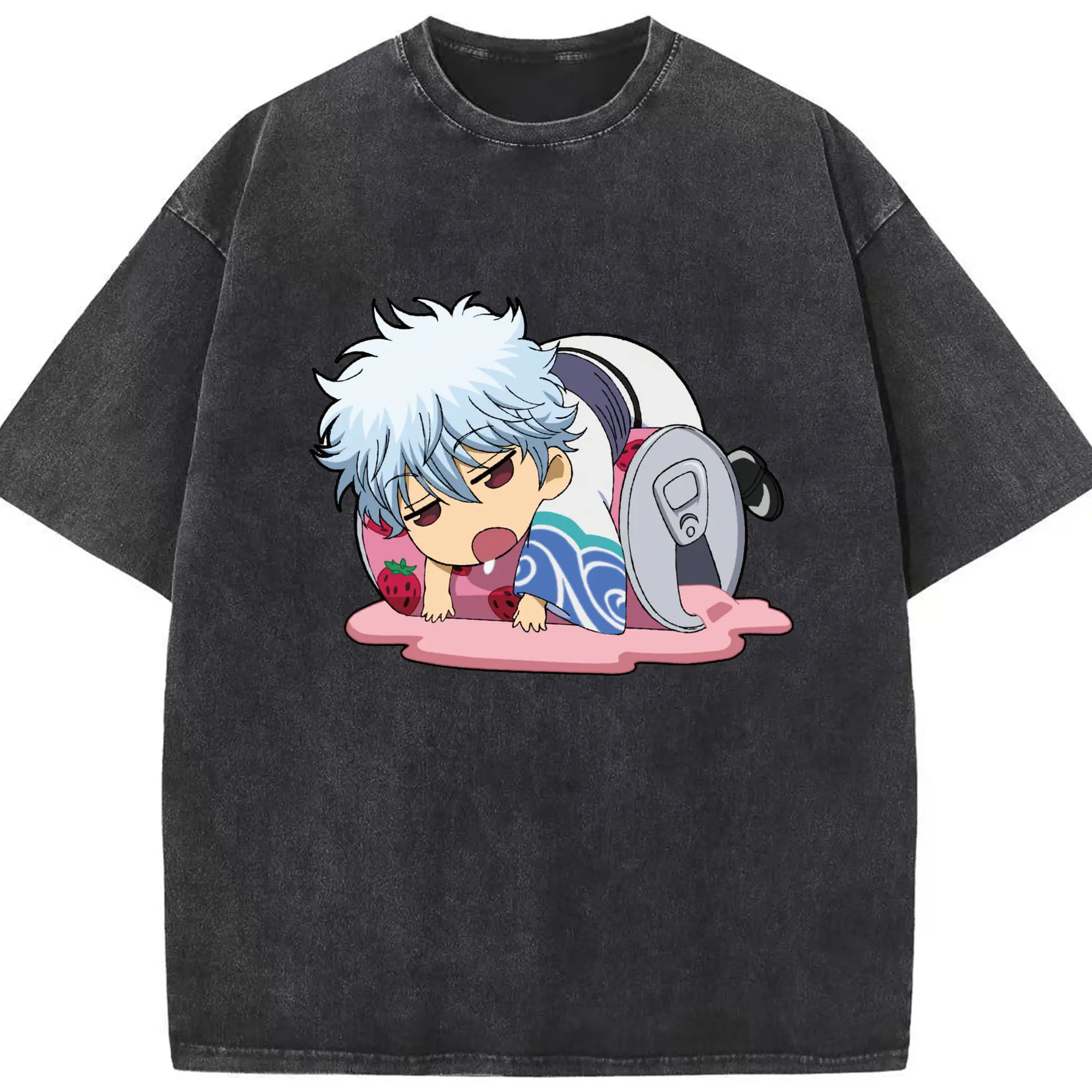 银魂 銀時のドリンクタイム - 綿100％ ヴィンテージ風 半袖Tシャツ ・ フロントプリント ・ 柔らか肌触り ・ 通気性 快適 ・ スポーツ カジュアル 外出用