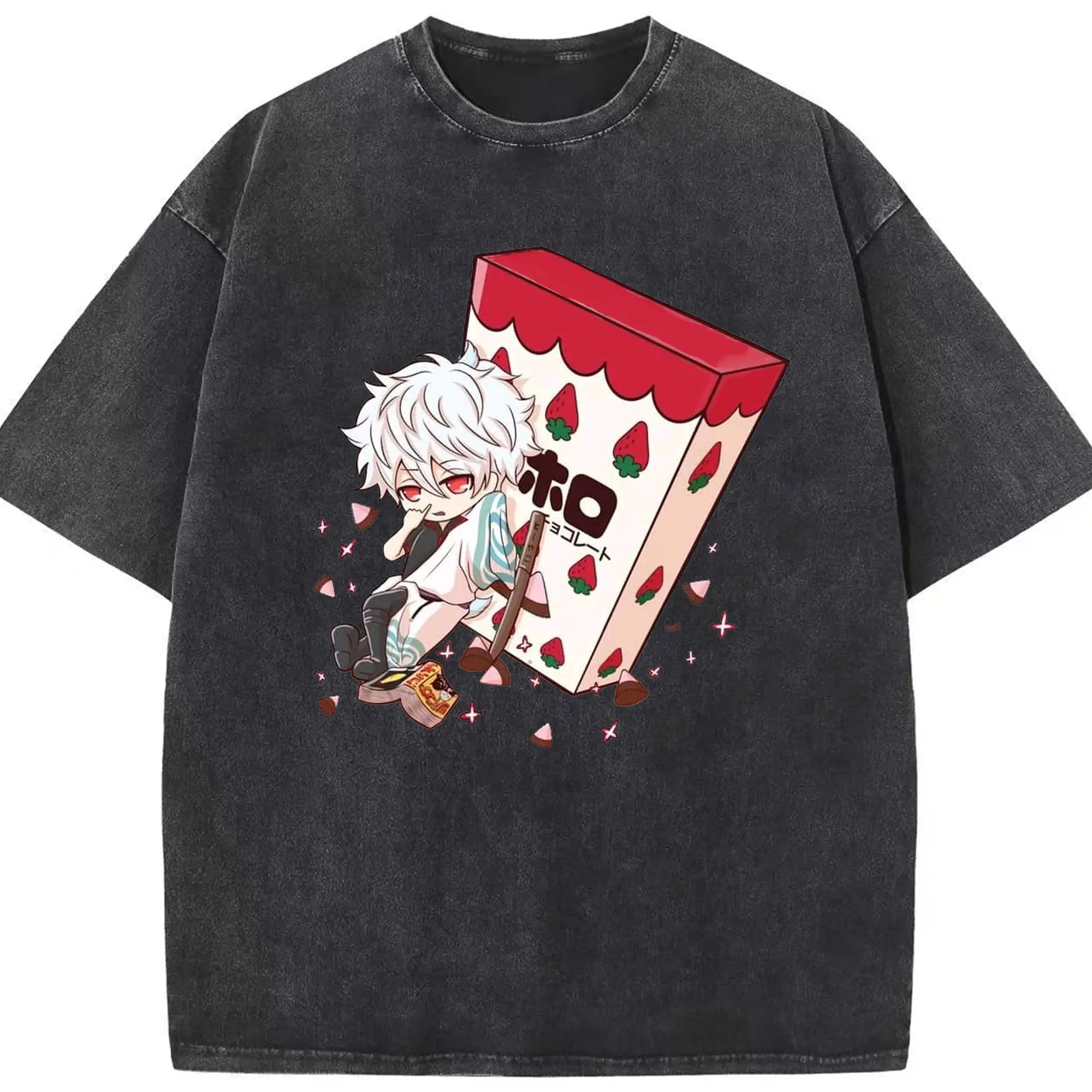 银魂 銀時おやつタイム - 綿100％ ヴィンテージ風 半袖Tシャツ ・ フロントプリント ・ 柔らか肌触り ・ 通気性 快適 ・ スポーツ カジュアル 外出用