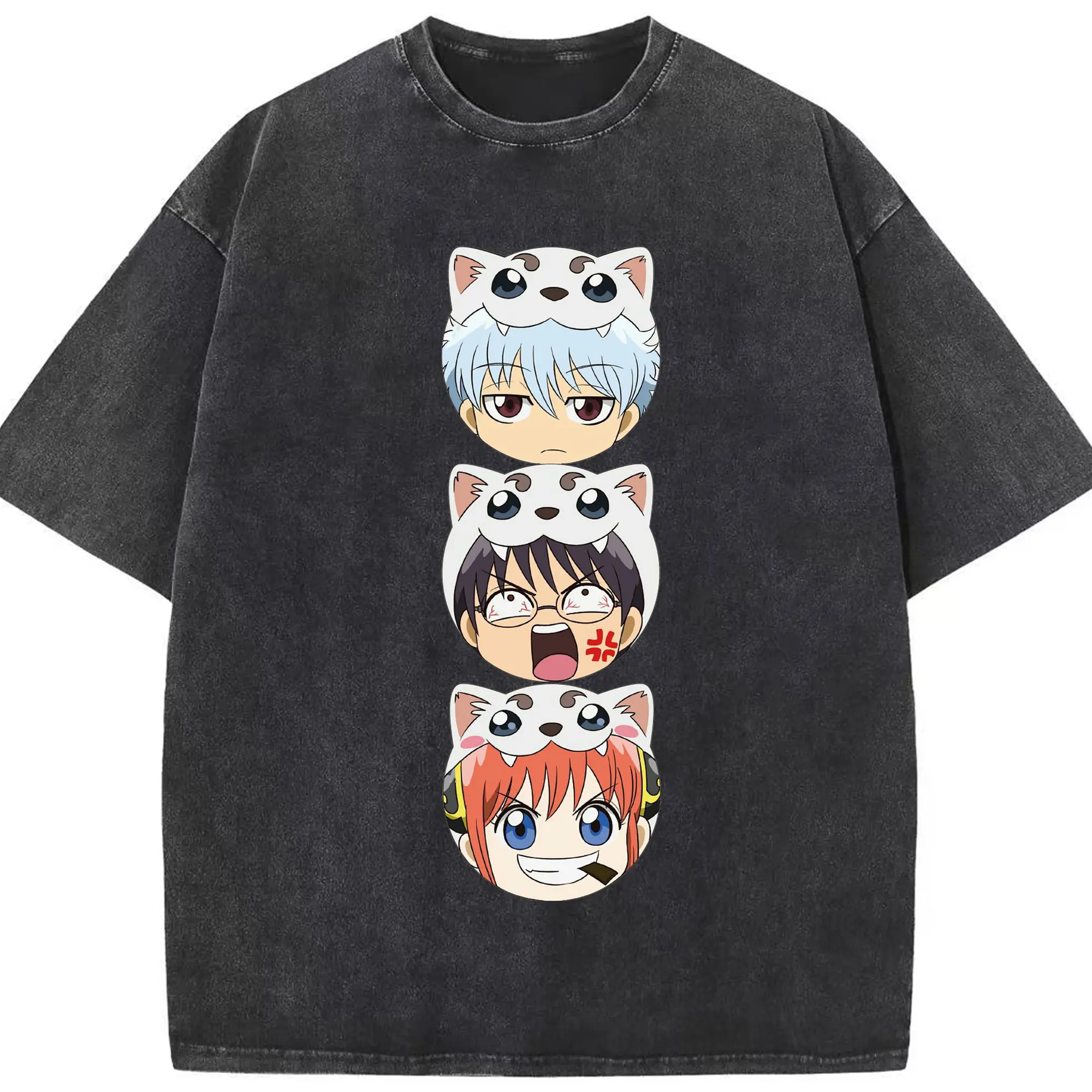 银魂  銀時定春神楽カワイイ日記 - 綿100％ ヴィンテージ風 半袖Tシャツ ・ フロントプリント ・ 柔らか肌触り ・ 通気性 快適 ・ スポーツ カジュアル 外出用