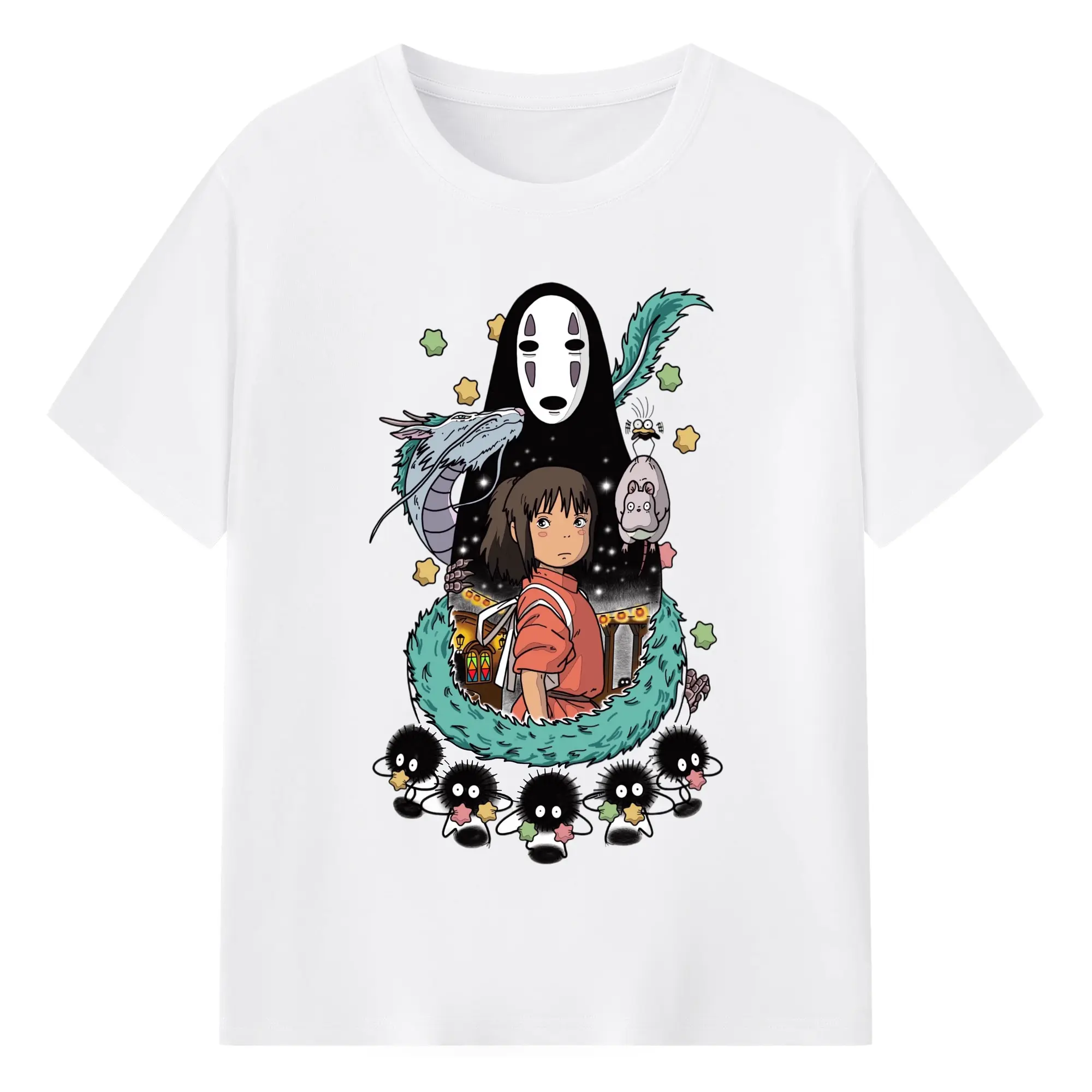 千と千尋の神隠し 千尋とカオナシ - 綿100％ 半袖Tシャツ ・ フロントプリント ・ 快適 通気性 ・ 日常使い 散歩 スポーツ用