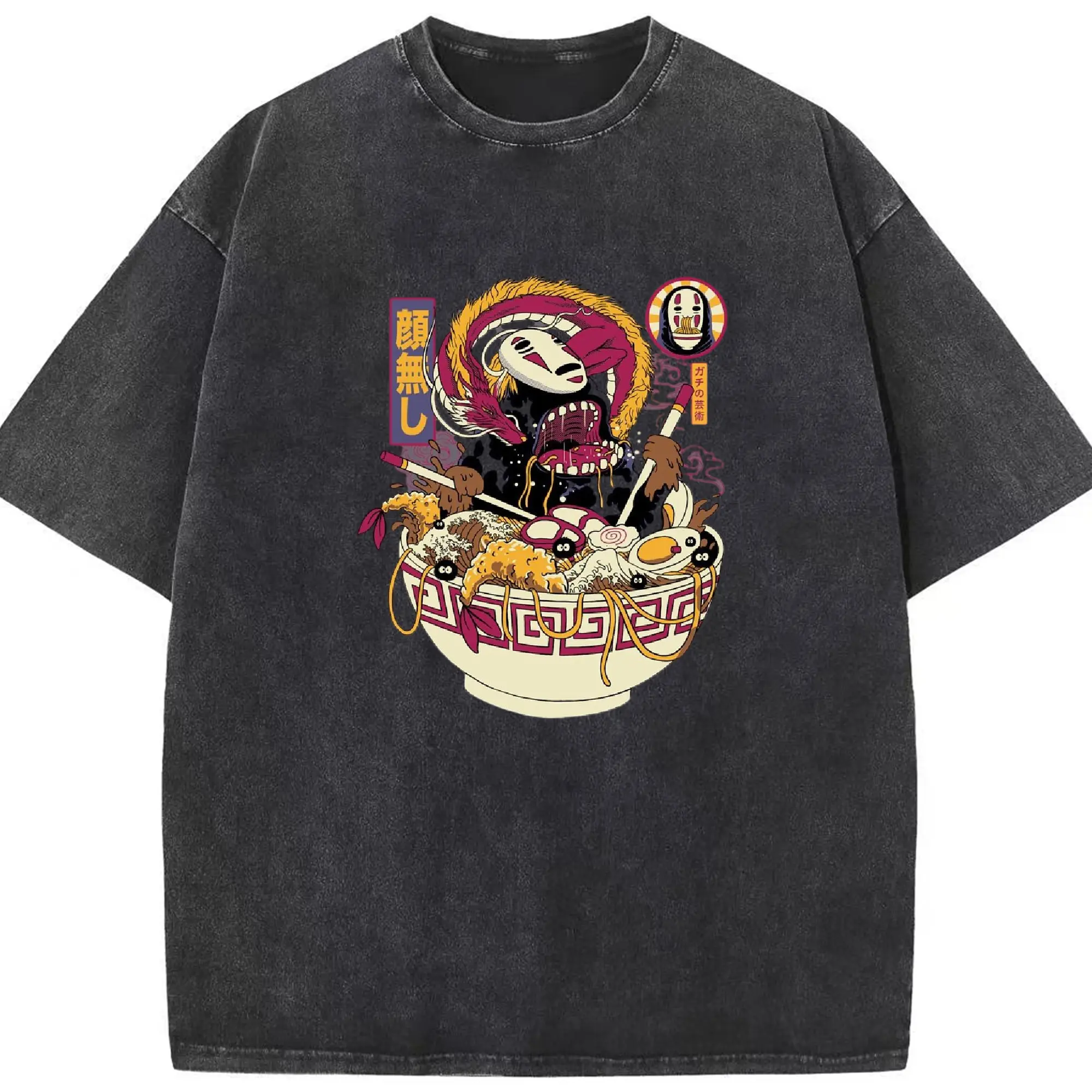 千と千尋の神隠し　ラーメン特別限定 - 綿100％ ヴィンテージ風 半袖Tシャツ ・ フロントプリント ・ 柔らか肌触り ・ 通気性 快適 ・ スポーツ カジュアル 外出用