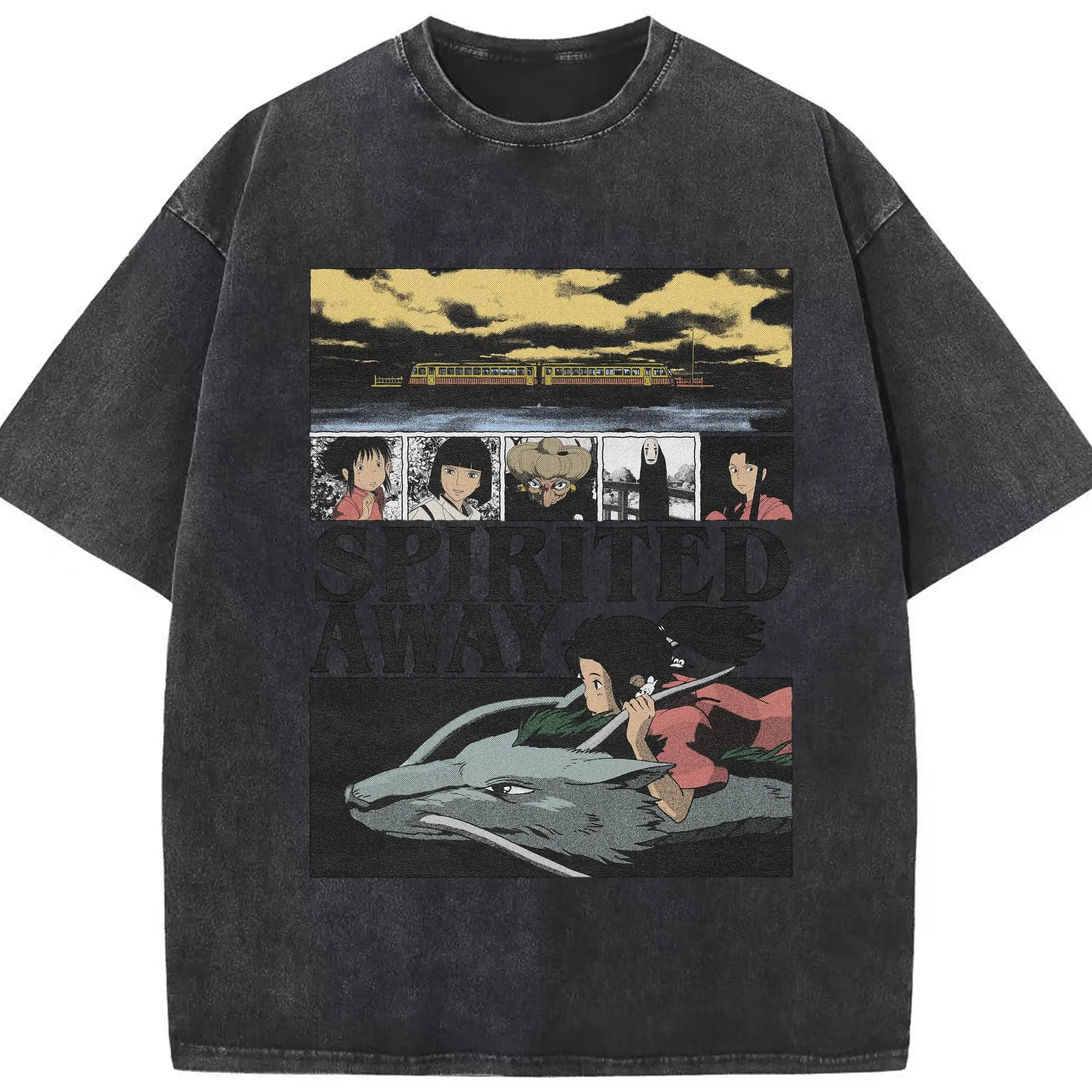 千と千尋の神隠し　千尋の冒険と出会い - 綿100％ ヴィンテージ風 半袖Tシャツ ・ フロントプリント ・ 柔らか肌触り ・ 通気性 快適 ・ スポーツ カジュアル 外出用