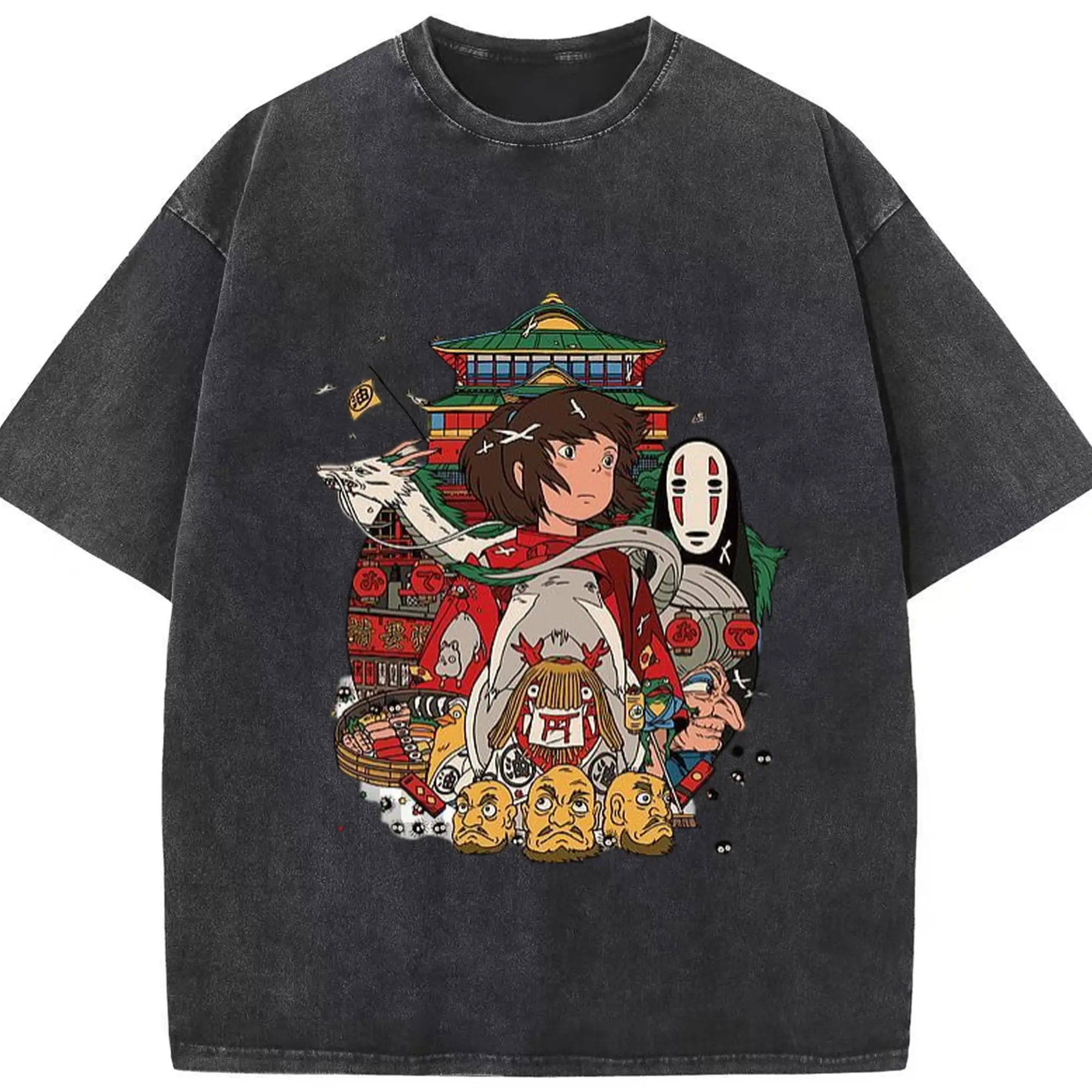 千と千尋の神隠し　神秘の世界 - 綿100％ ヴィンテージ風 半袖Tシャツ ・ フロントプリント ・ 柔らか肌触り ・ 通気性 快適 ・ スポーツ カジュアル 外出用