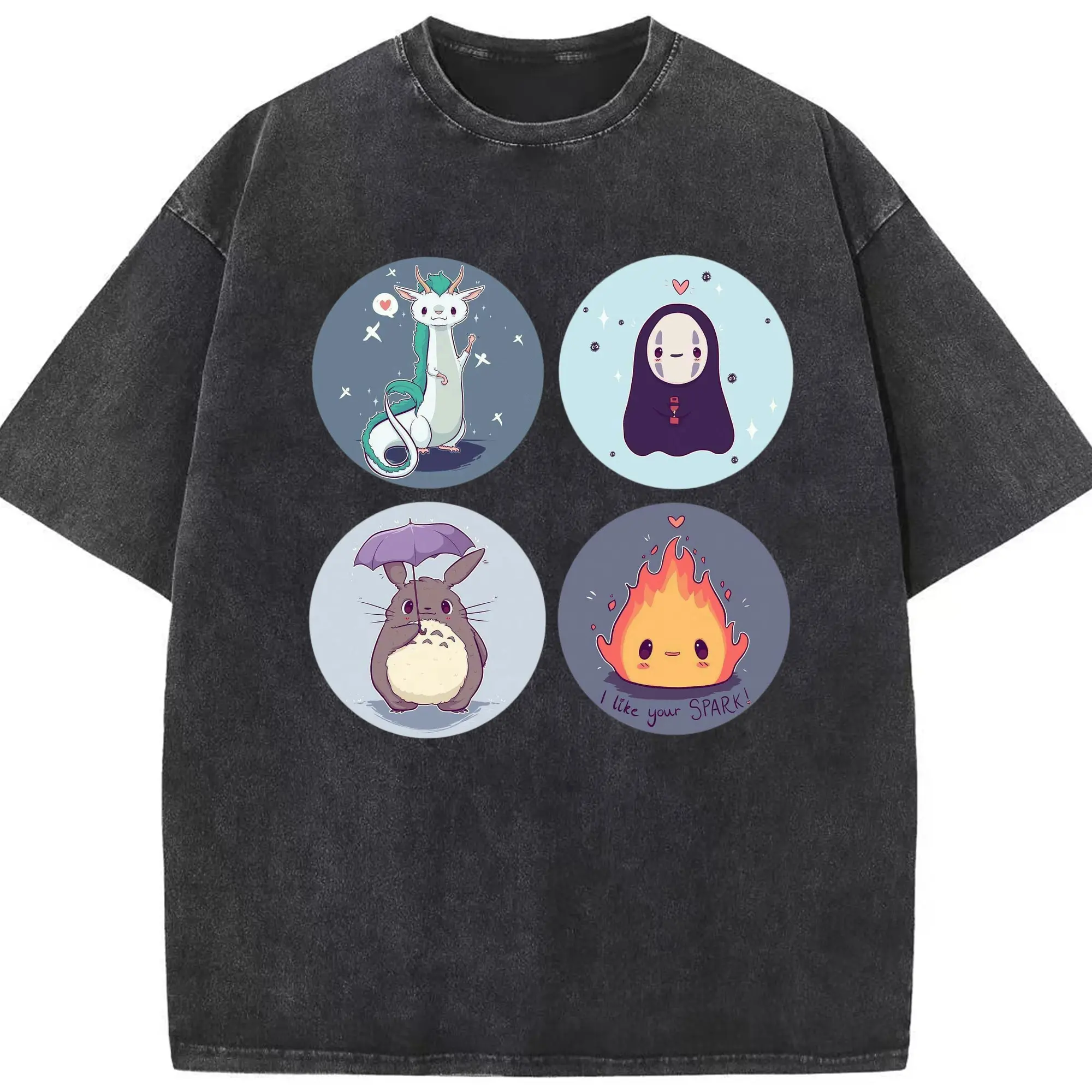 千と千尋の神隠し宮崎駿監督作品コラボ - 綿100％ ヴィンテージ風 半袖Tシャツ ・ フロントプリント ・ 柔らか肌触り ・ 通気性 快適 ・ スポーツ カジュアル 外出用