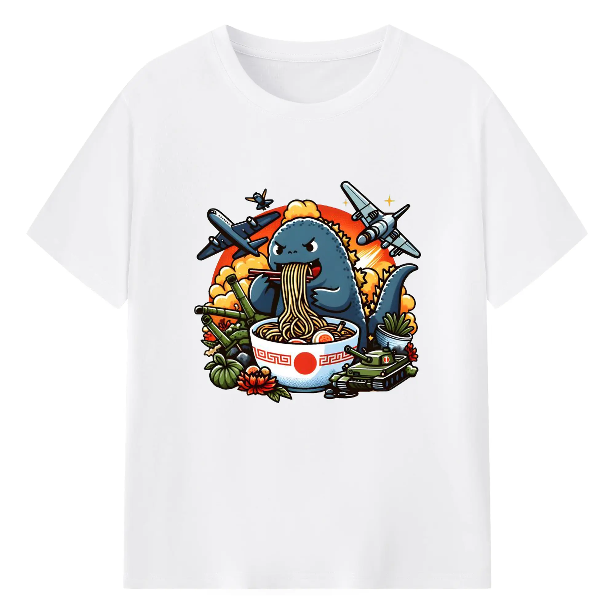 ゴジラの食事タイム - 綿100％ 半袖Tシャツ ・ フロントプリント ・ 快適 通気性 ・ 日常使い 散歩 スポーツ用