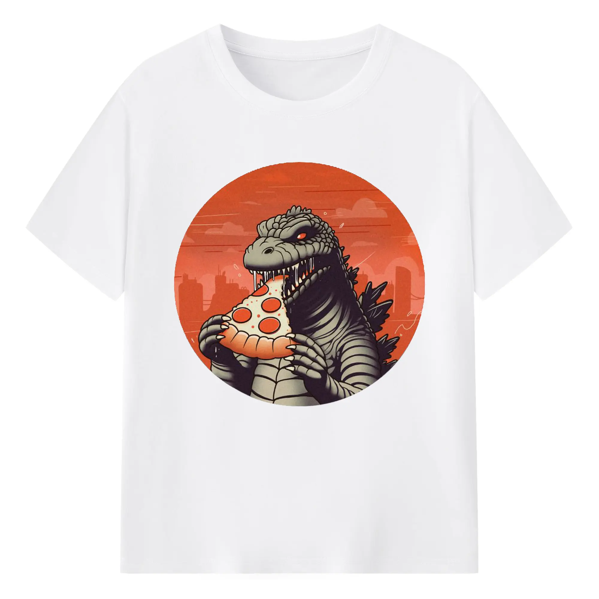 ゴジラの食事タイム - 綿100％ 半袖Tシャツ ・ フロントプリント ・ 快適 通気性 ・ 日常使い 散歩 スポーツ用