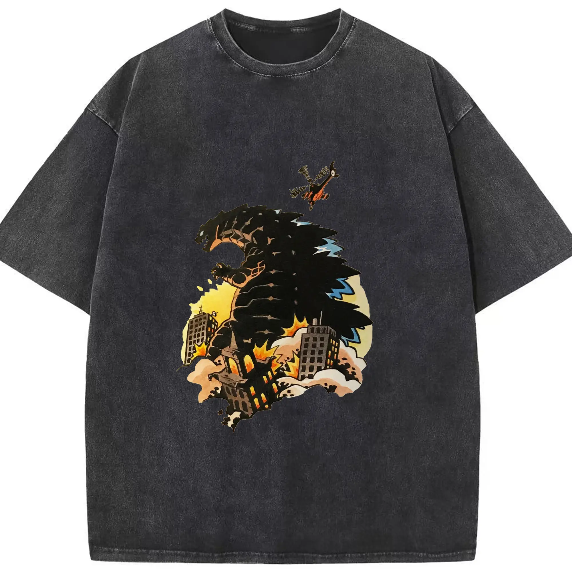 ゴジラ - 綿100％ ヴィンテージ風 半袖Tシャツ ・ フロントプリント ・ 柔らか肌触り ・ 通気性 快適 ・ スポーツ カジュアル 外出用