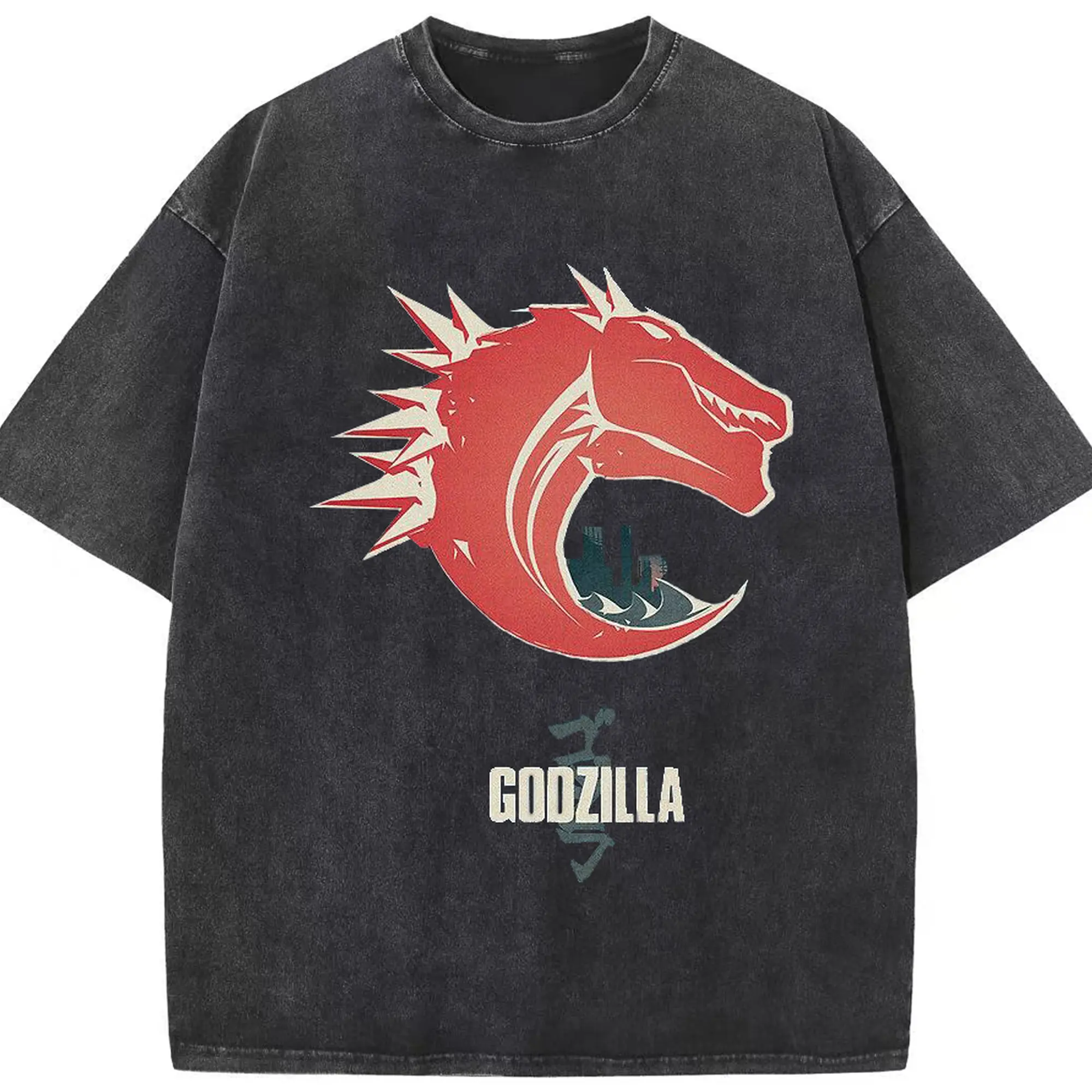 ゴジラ - 綿100％ ヴィンテージ風 半袖Tシャツ ・ フロントプリント ・ 柔らか肌触り ・ 通気性 快適 ・ スポーツ カジュアル 外出用