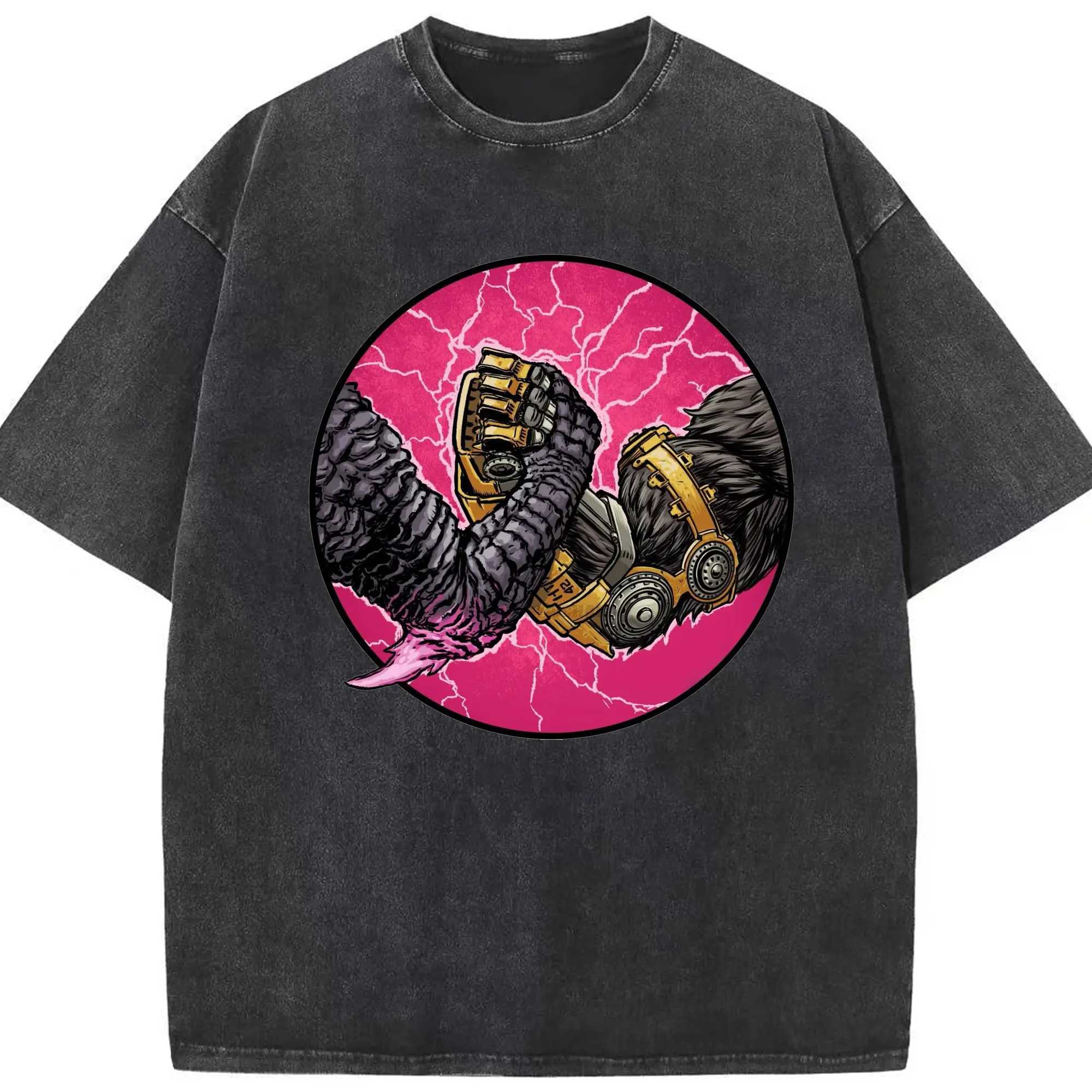 ゴジラ × コング 怪獣対決 - 綿100％ ヴィンテージ風 半袖Tシャツ ・ フロントプリント ・ 柔らか肌触り ・ 通気性 快適 ・ スポーツ カジュアル 外出用