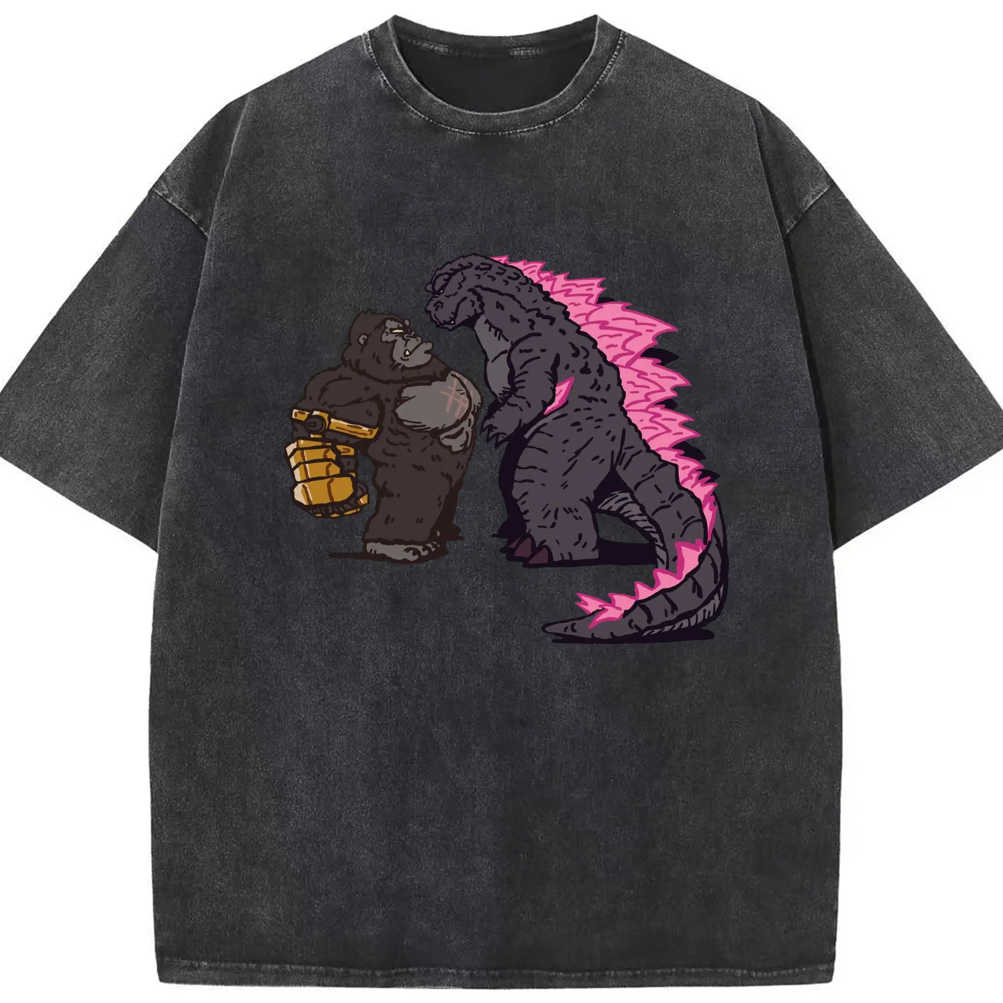 ゴジラ × コング - 綿100％ ヴィンテージ風 半袖Tシャツ ・ フロントプリント ・ 柔らか肌触り ・ 通気性 快適 ・ スポーツ カジュアル 外出用
