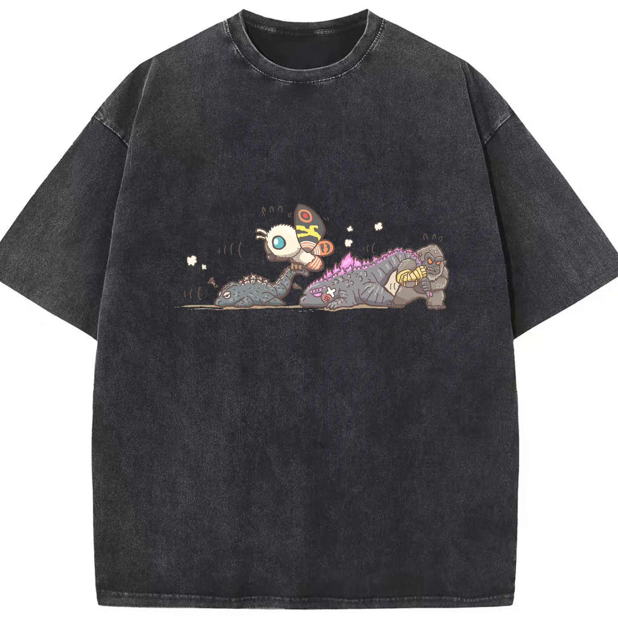 ゴジラ × コング - 綿100％ ヴィンテージ風 半袖Tシャツ ・ フロントプリント ・ 柔らか肌触り ・ 通気性 快適 ・ スポーツ カジュアル 外出用