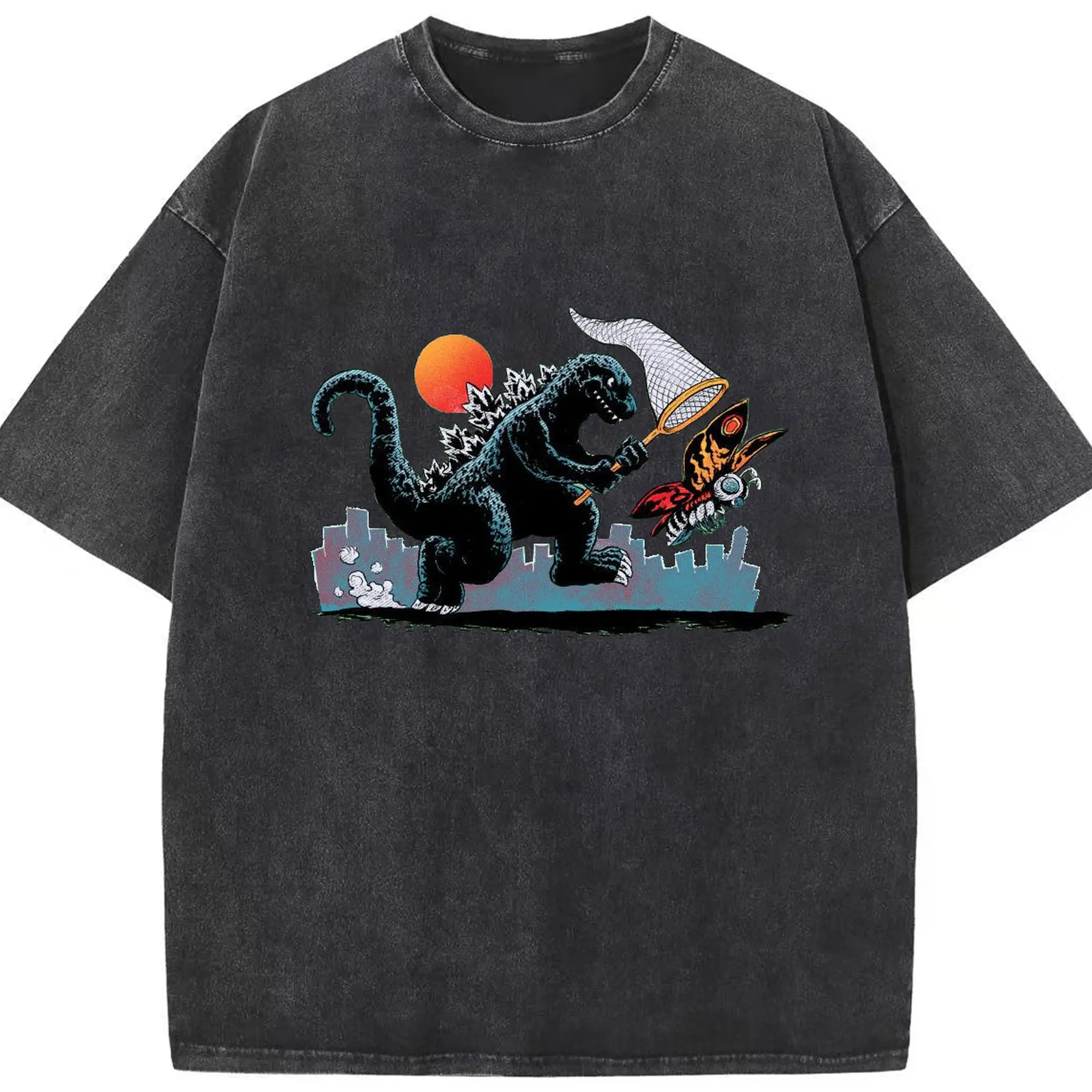 ゴジラとモスラ 怪獣アート - 綿100％ ヴィンテージ風 半袖Tシャツ ・ フロントプリント ・ 柔らか肌触り ・ 通気性 快適 ・ スポーツ カジュアル 外出用