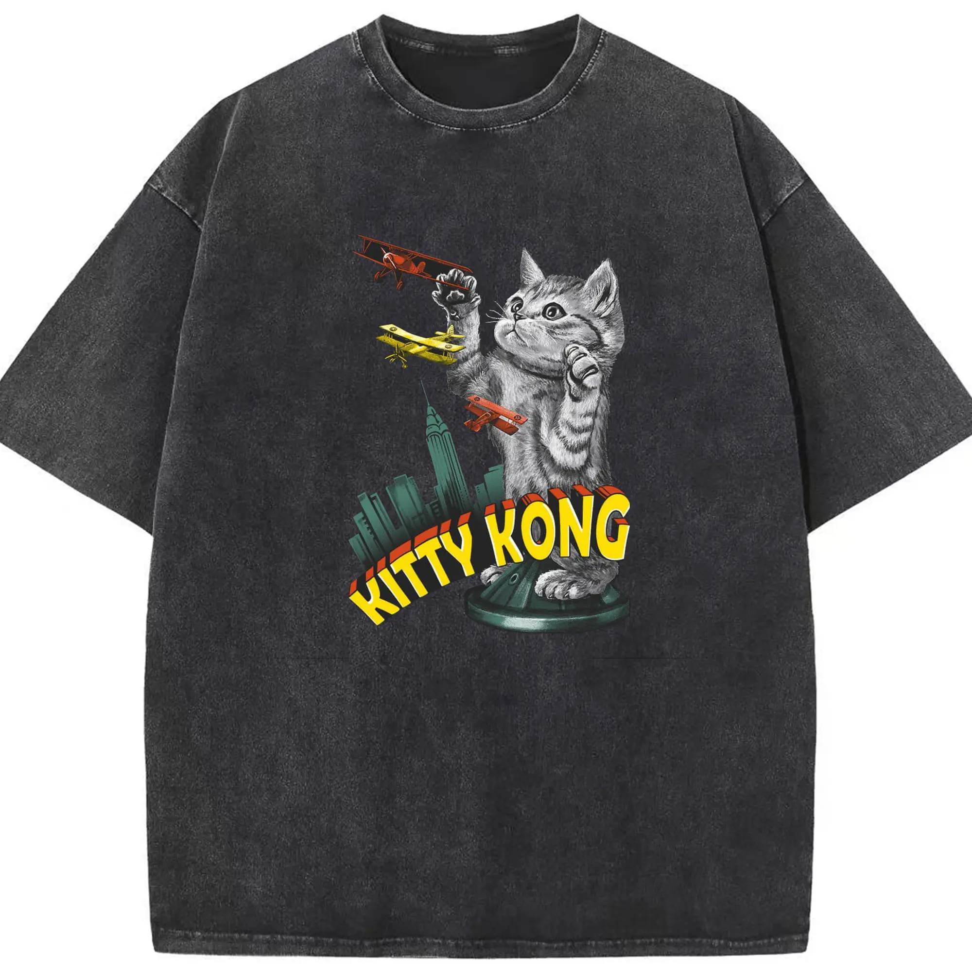 ゴジラ キャットジラ CATZILLA 怪獣ねこ - 綿100％ ヴィンテージ風 半袖Tシャツ ・ フロントプリント ・ 柔らか肌触り ・ 通気性 快適 ・ スポーツ カジュアル 外出用