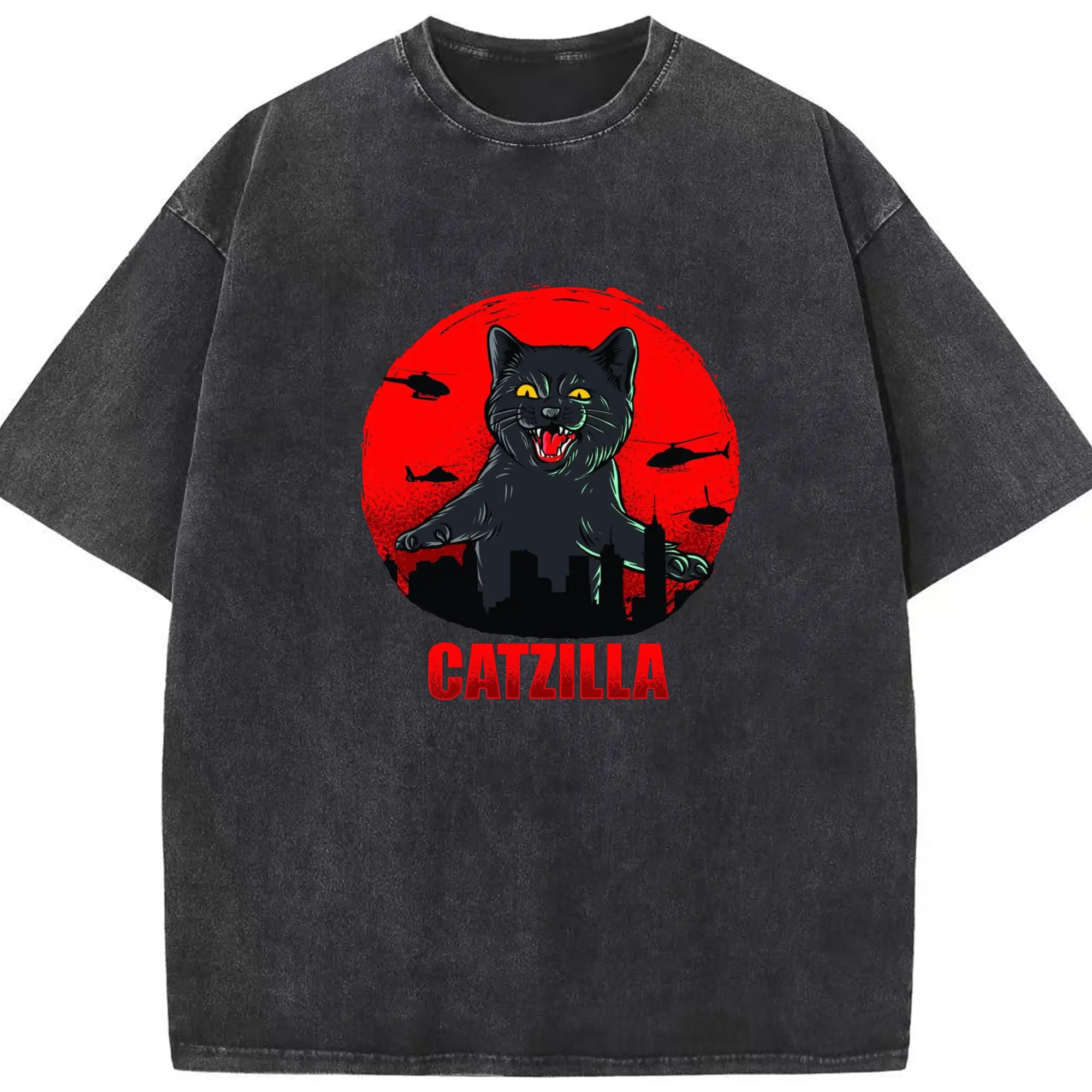 ゴジラ キャットジラ CATZILLA - 綿100％ ヴィンテージ風 半袖Tシャツ ・ フロントプリント ・ 柔らか肌触り ・ 通気性 快適 ・ スポーツ カジュアル 外出用