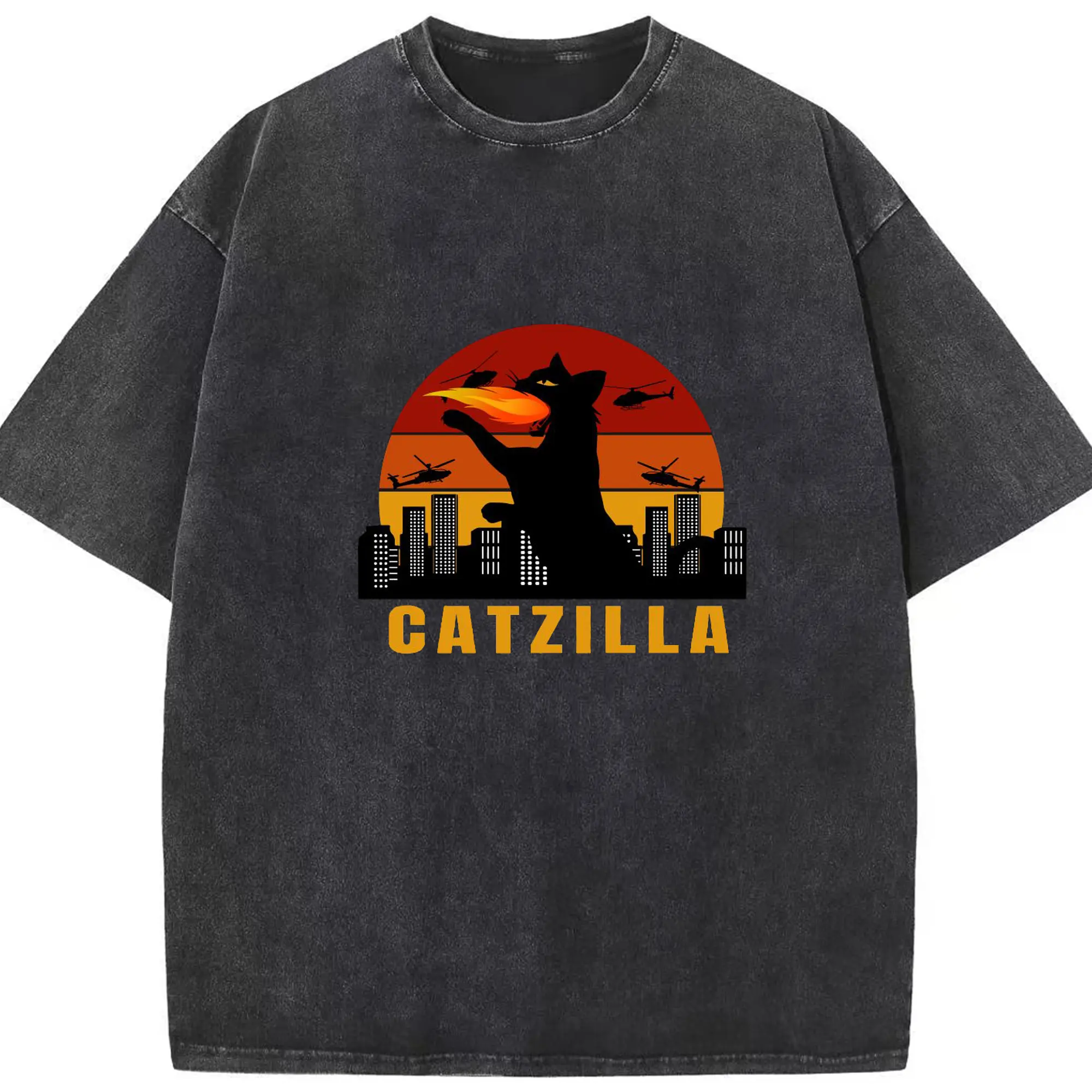 ゴジラ キャットジラ CATZILLA - 綿100％ ヴィンテージ風 半袖Tシャツ ・ フロントプリント ・ 柔らか肌触り ・ 通気性 快適 ・ スポーツ カジュアル 外出用