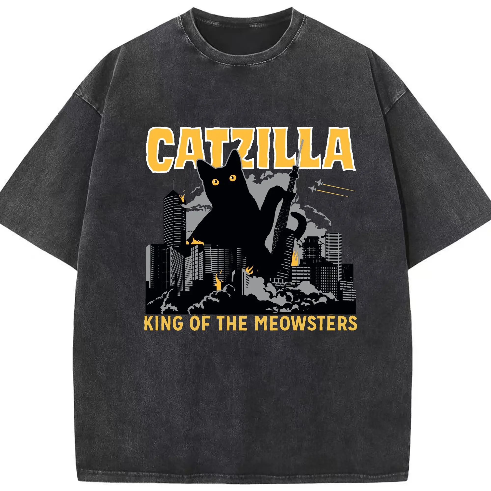 ゴジラ キャットジラ CATZILLA - 綿100％ ヴィンテージ風 半袖Tシャツ ・ フロントプリント ・ 柔らか肌触り ・ 通気性 快適 ・ スポーツ カジュアル 外出用