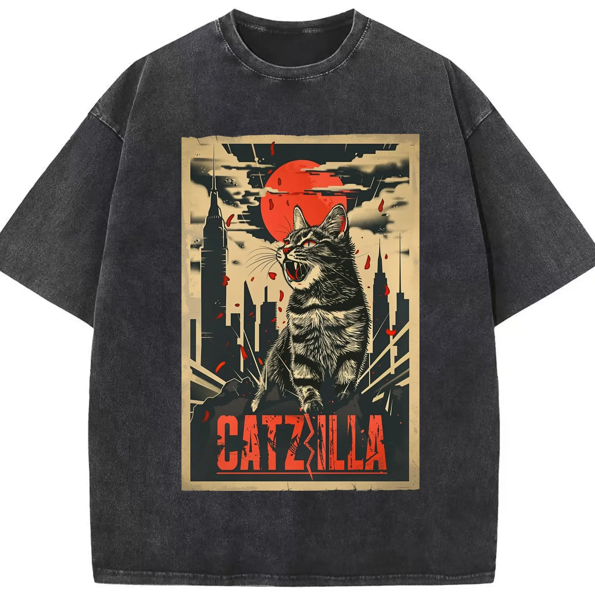 ゴジラ キャットジラ CATZILLA - 綿100％ ヴィンテージ風 半袖Tシャツ ・ フロントプリント ・ 柔らか肌触り ・ 通気性 快適 ・ スポーツ カジュアル 外出用