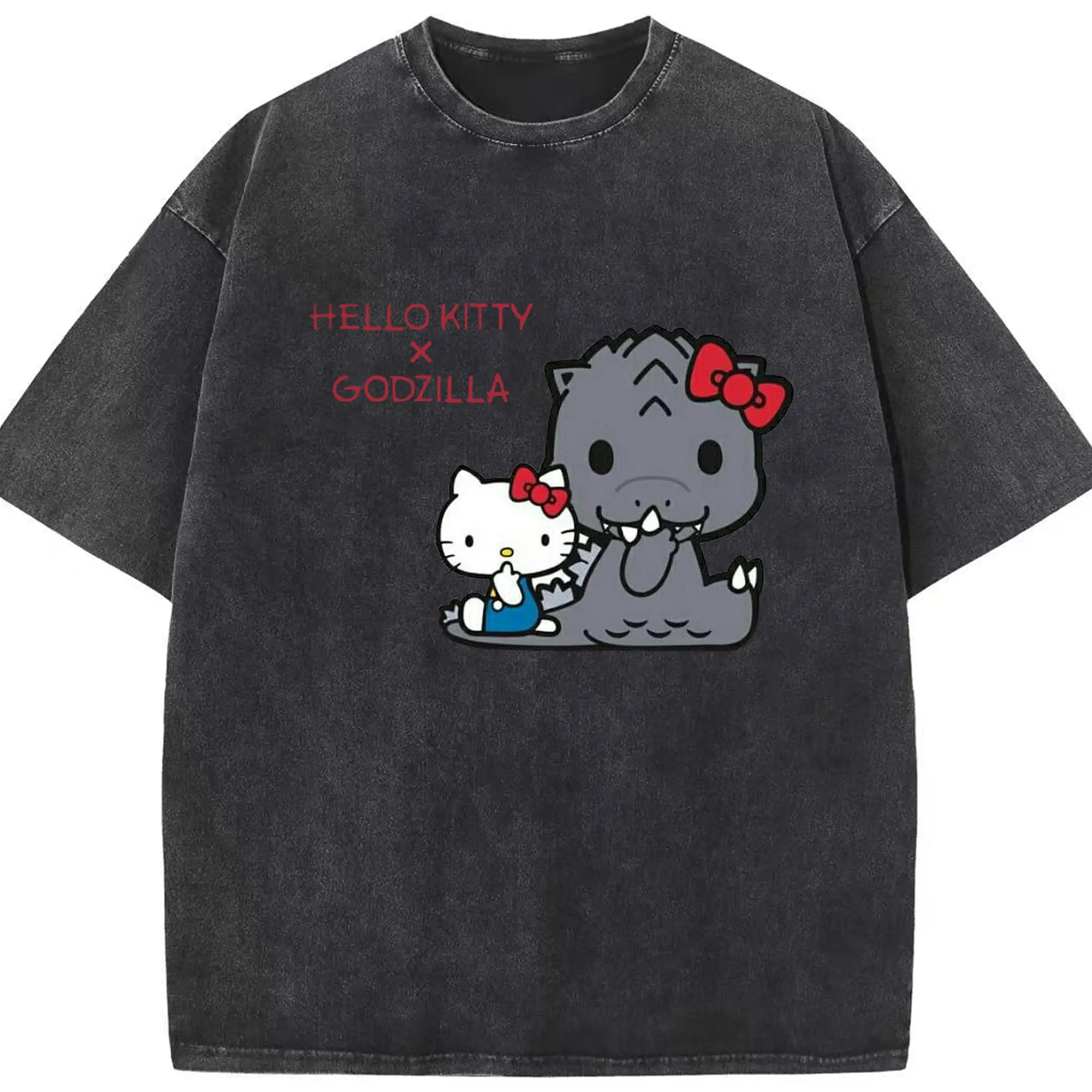 ゴジラ コラボ ハローキティ×ゴジラ特別限定 - 綿100％ ヴィンテージ風 半袖Tシャツ ・ フロントプリント ・ 柔らか肌触り ・ 通気性 快適 ・ スポーツ カジュアル 外出用