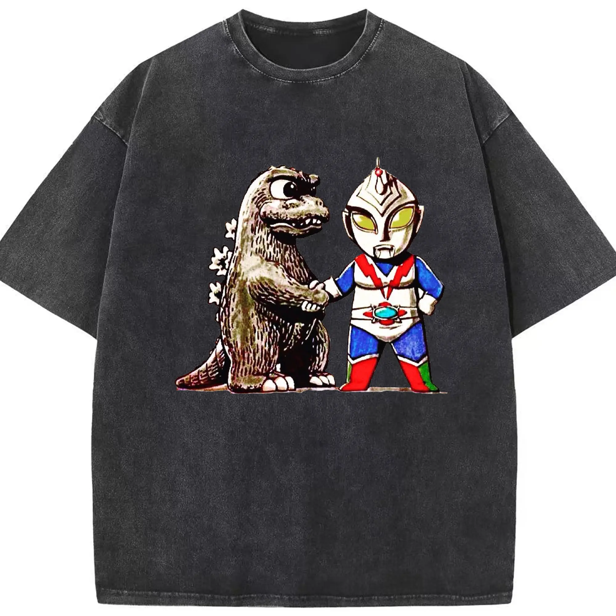 ゴジラ  ウルトラマンコラボ - 綿100％ ヴィンテージ風 半袖Tシャツ ・ フロントプリント ・ 柔らか肌触り ・ 通気性 快適 ・ スポーツ カジュアル 外出用
