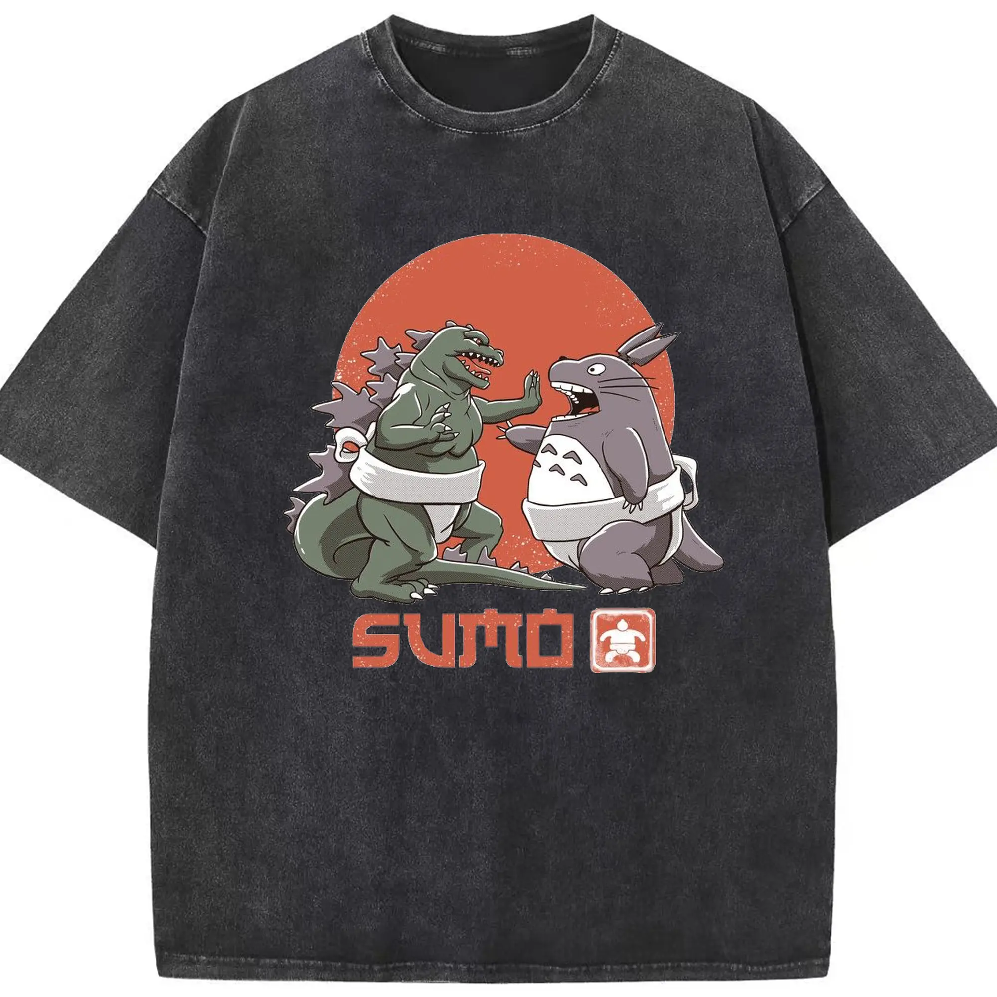 ゴジラ トトロ相撲コラボ - 綿100％ ヴィンテージ風 半袖Tシャツ ・ フロントプリント ・ 柔らか肌触り ・ 通気性 快適 ・ スポーツ カジュアル 外出用