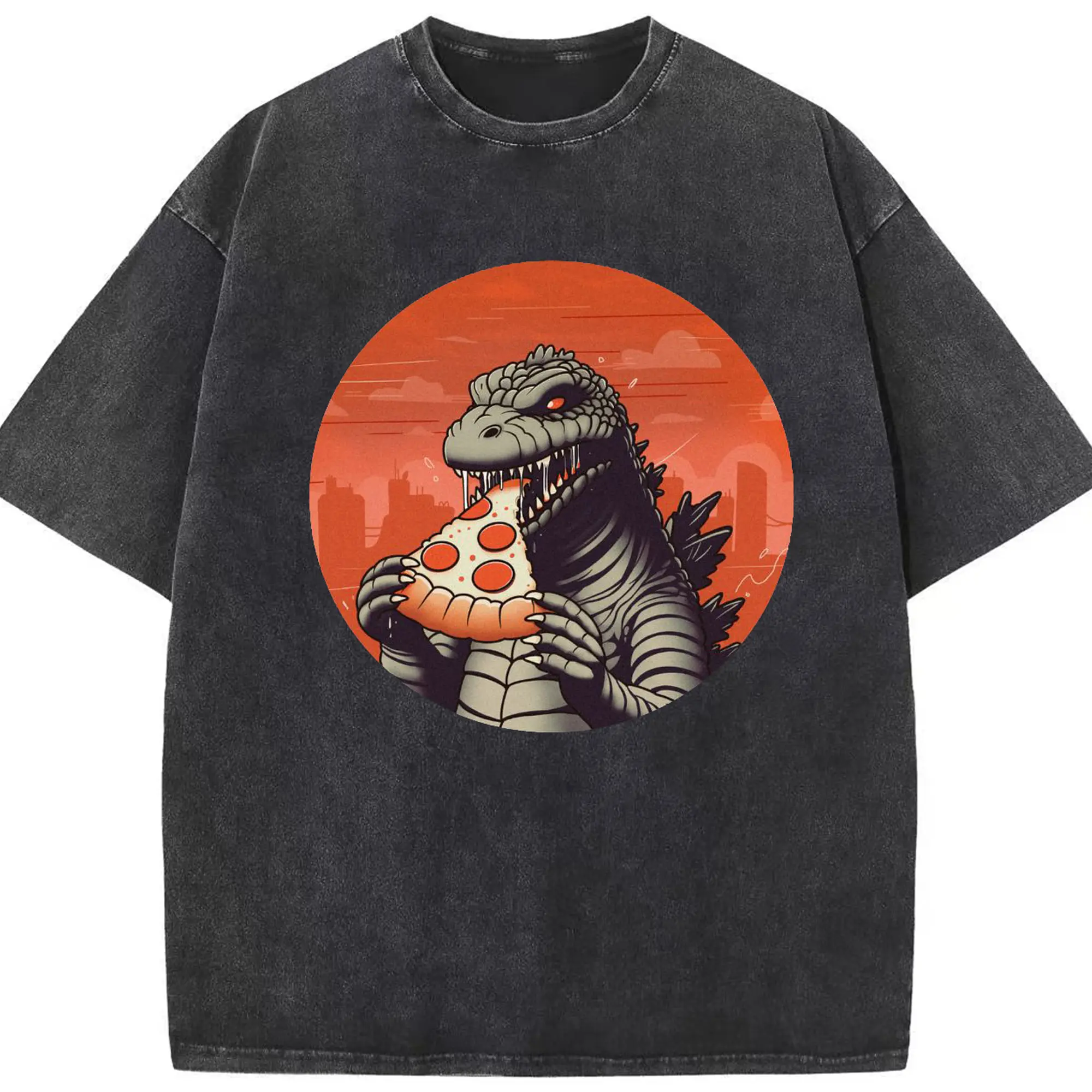 ゴジラの食事タイム - 綿100％ ヴィンテージ風 半袖Tシャツ ・ フロントプリント ・ 柔らか肌触り ・ 通気性 快適 ・ スポーツ カジュアル 外出用
