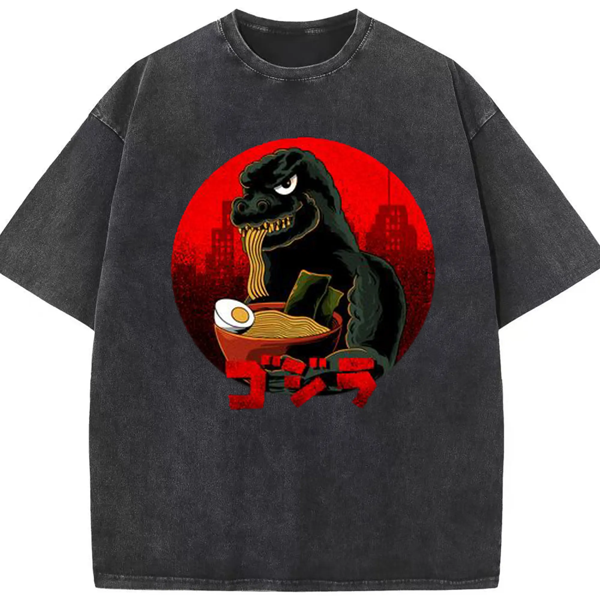 ゴジラの食事タイム - 綿100％ ヴィンテージ風 半袖Tシャツ ・ フロントプリント ・ 柔らか肌触り ・ 通気性 快適 ・ スポーツ カジュアル 外出用