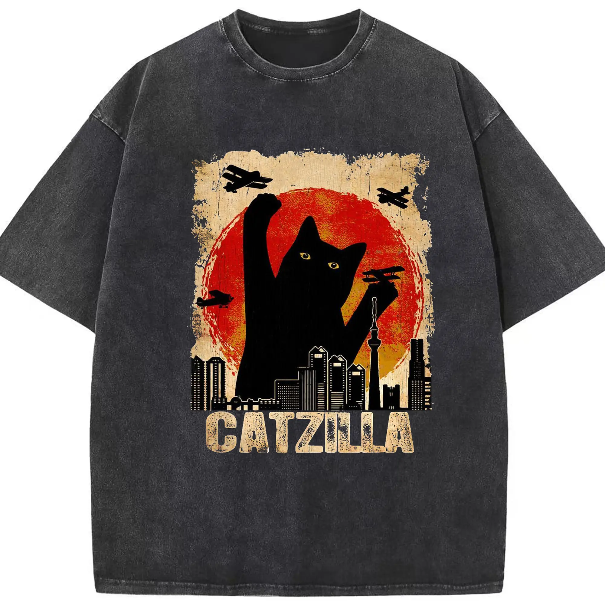 ゴジラ キャットジラ CATZILLA - 綿100％ ヴィンテージ風 半袖Tシャツ ・ フロントプリント ・ 柔らか肌触り ・ 通気性 快適 ・ スポーツ カジュアル 外出用