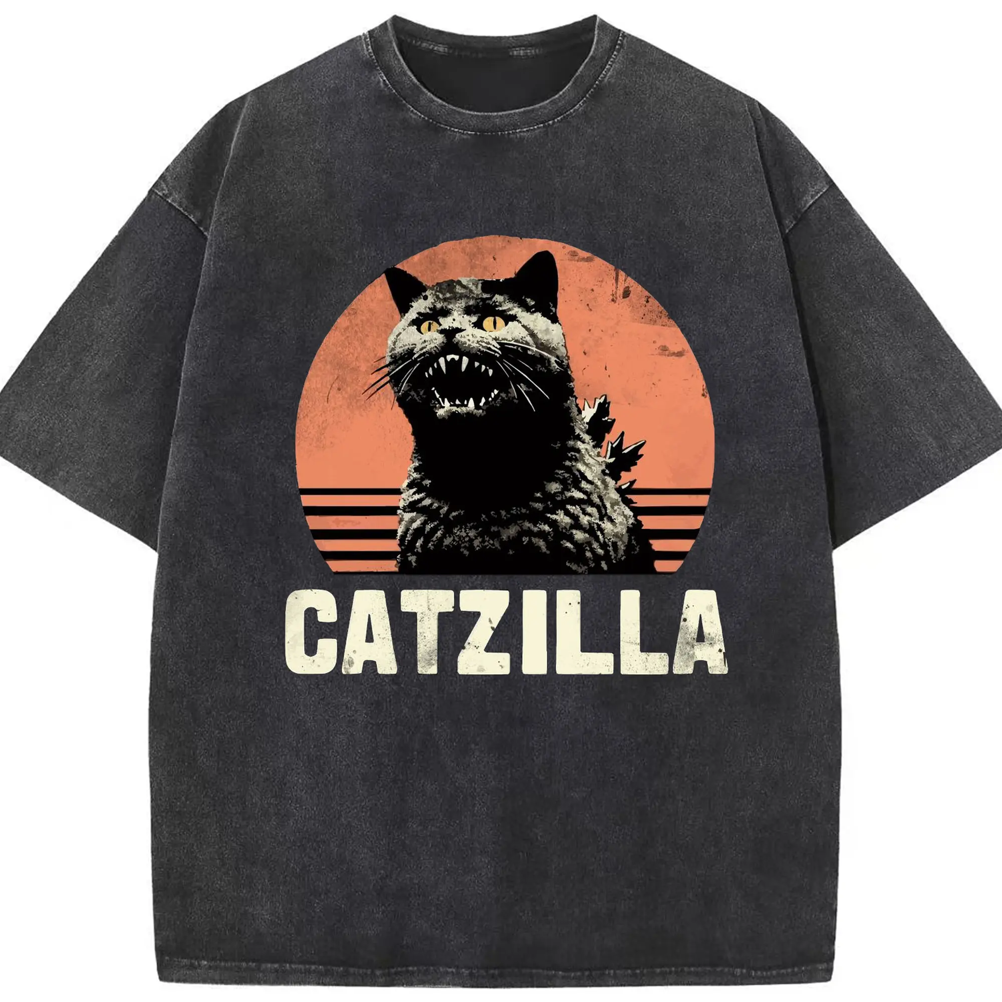 ゴジラ キャットジラ CATZILLA - 綿100％ ヴィンテージ風 半袖Tシャツ ・ フロントプリント ・ 柔らか肌触り ・ 通気性 快適 ・ スポーツ カジュアル 外出用