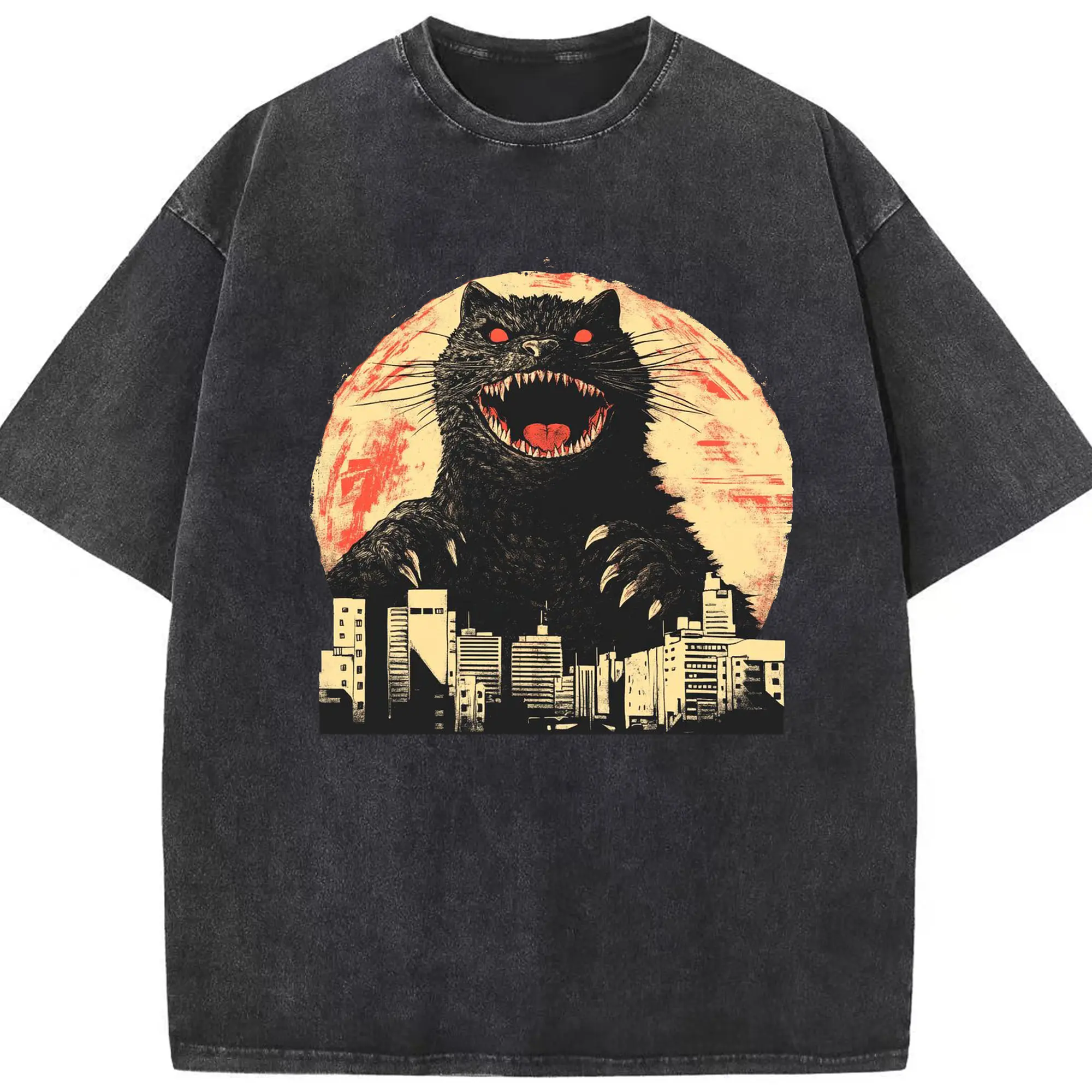 ゴジラ キャットジラ CATZILLA - 綿100％ ヴィンテージ風 半袖Tシャツ ・ フロントプリント ・ 柔らか肌触り ・ 通気性 快適 ・ スポーツ カジュアル 外出用