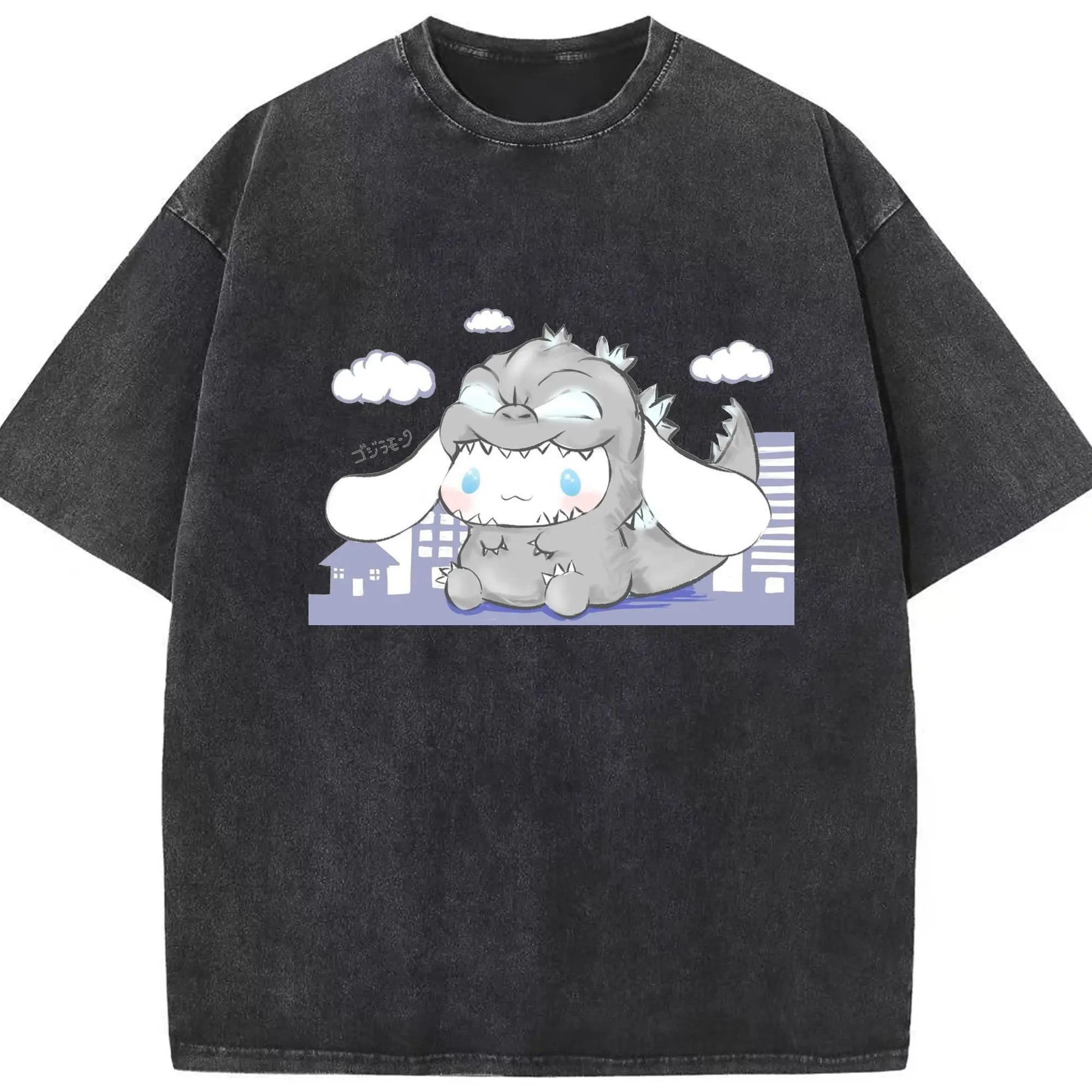 ゴジラ コラボ  シナモロール×ゴジラ - 綿100％ ヴィンテージ風 半袖Tシャツ ・ フロントプリント ・ 柔らか肌触り ・ 通気性 快適 ・ スポーツ カジュアル 外出用