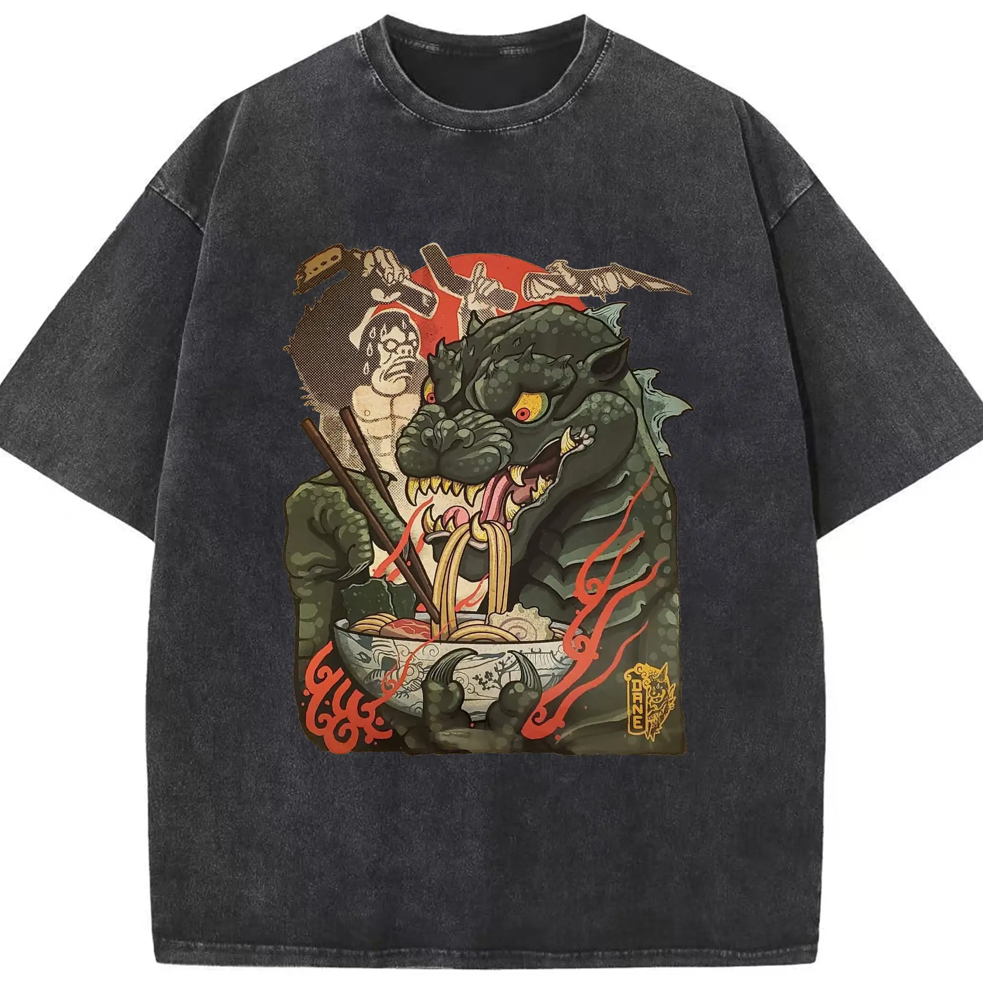 ゴジラの食事タイム - 綿100％ ヴィンテージ風 半袖Tシャツ ・ フロントプリント ・ 柔らか肌触り ・ 通気性 快適 ・ スポーツ カジュアル 外出用